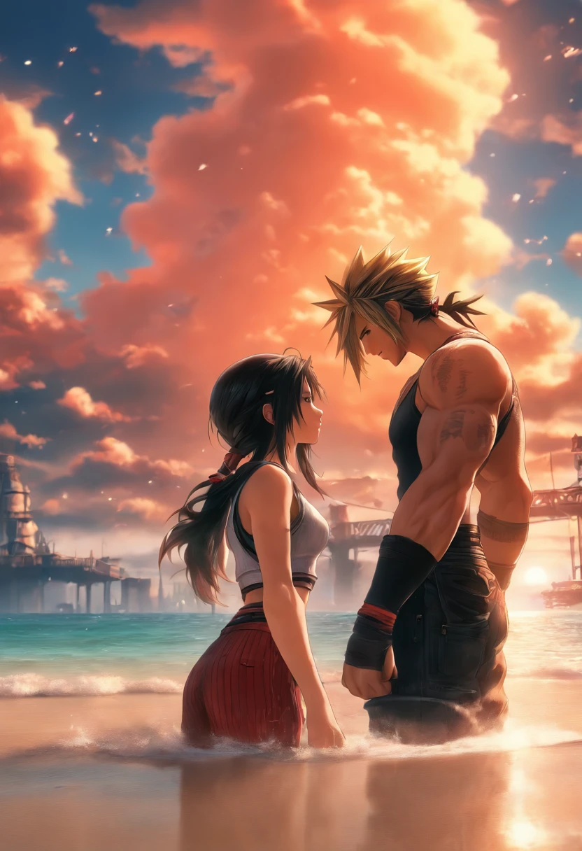 Cloud und Tifa am Strand aus Final Fantasy 7 Remake, kissing on the beach, UHD, masterpiece, ccurate, anatomically correct, high quality, high details, super detail, textured skin, best quality, highres, 8k
