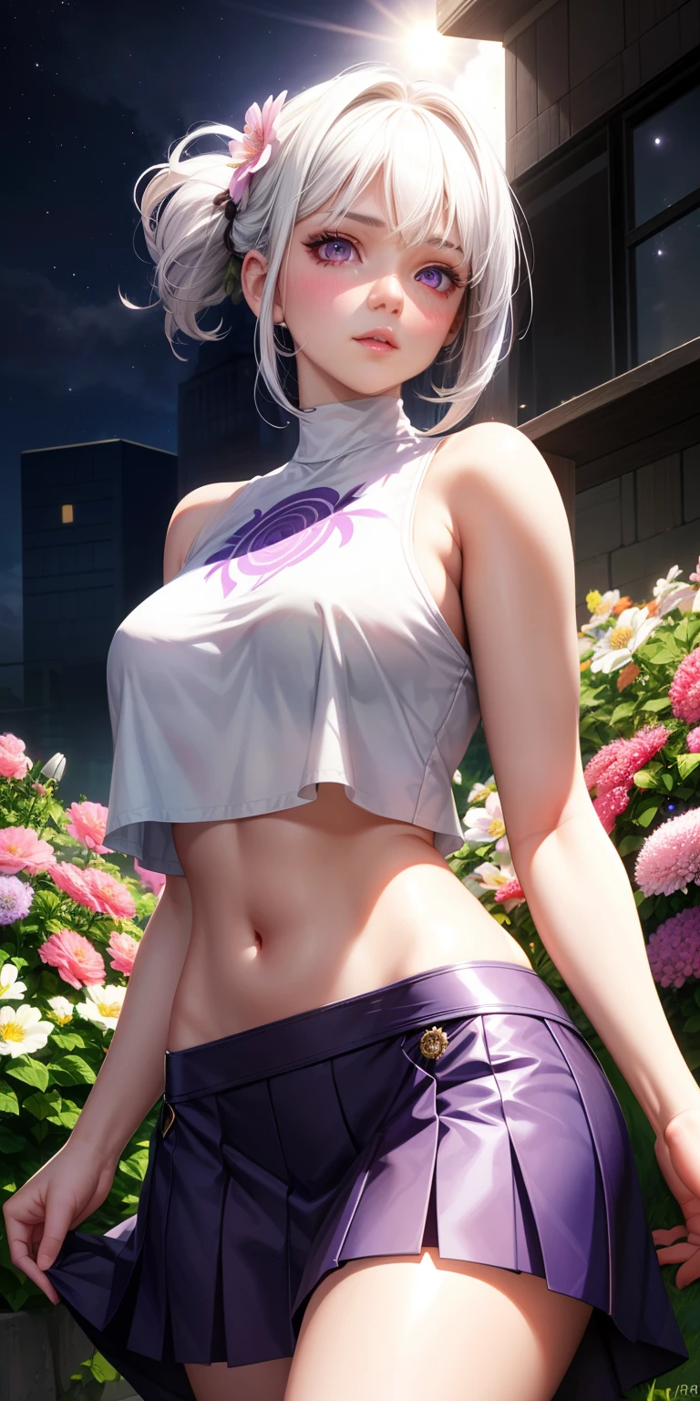 realistic, 1girl, white hair, purple eyes, glowing eyes, crop top, skirt, parted lips, blush, night, flowers, sun, sunlight,