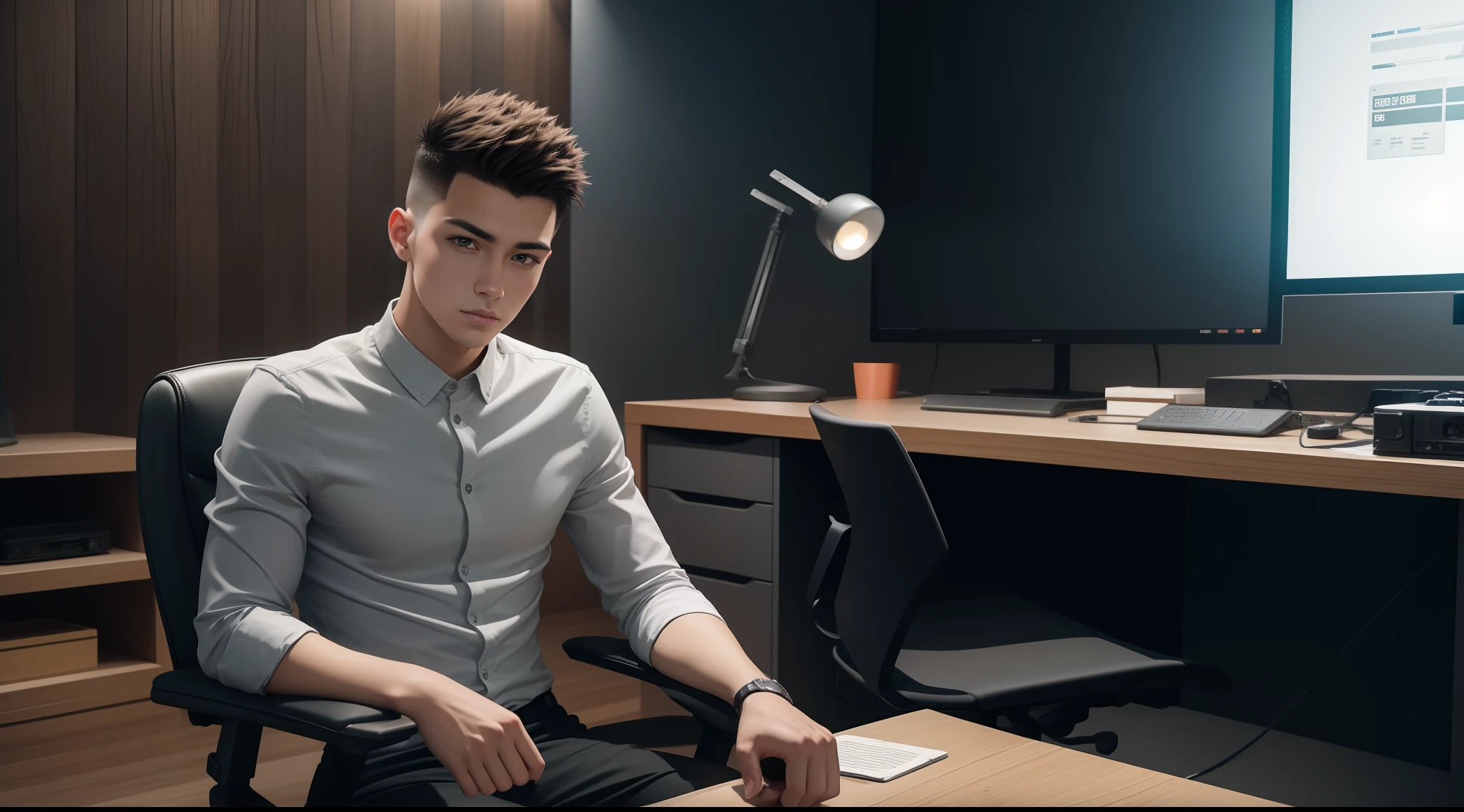 young man name urban legend with short spiky hair in Studio co seeing camera front sit on chair alone show full body