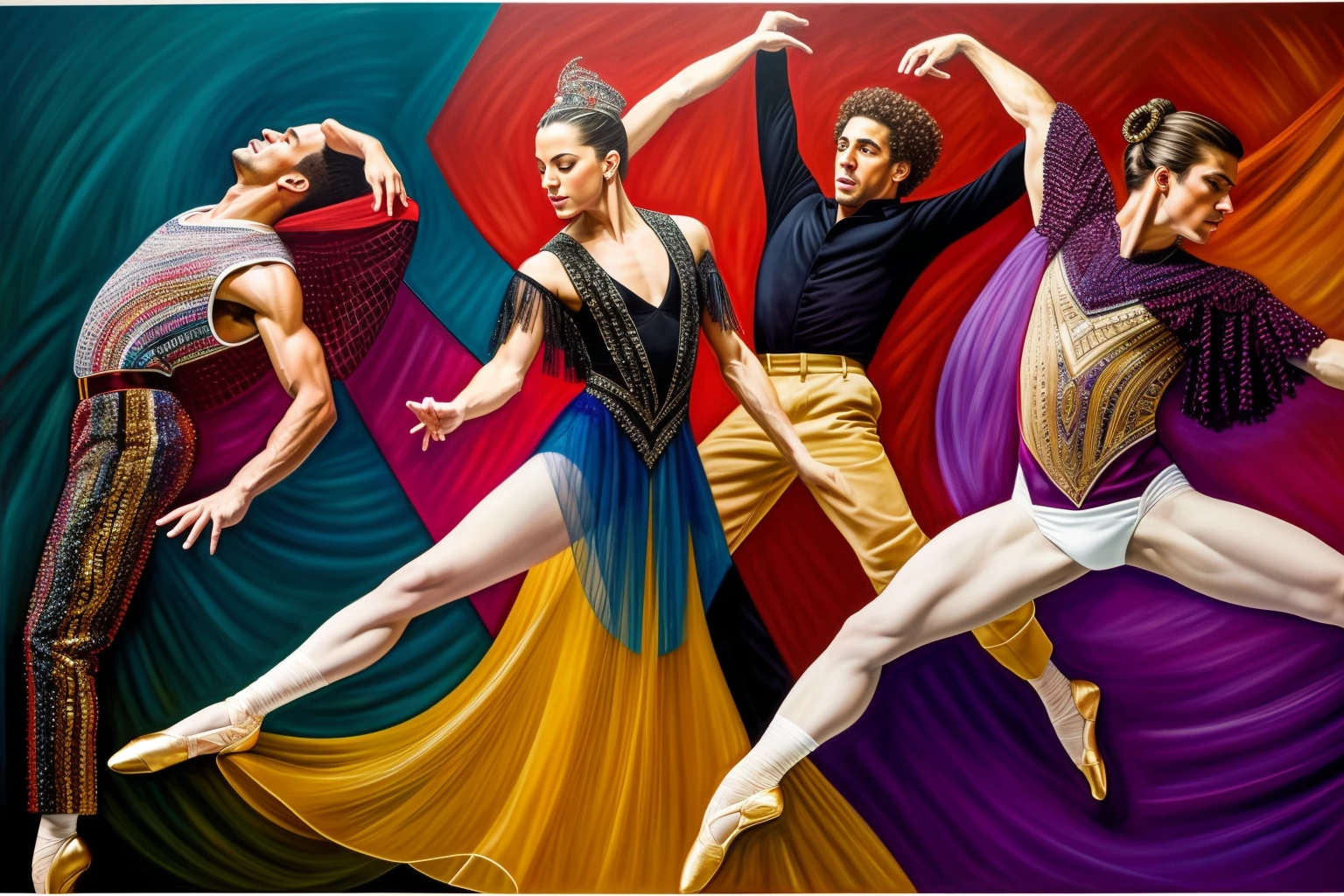 "Create photorealistic images of musical theater dancers with an emphasis on intricate detail, the finest quality, and an extreme level of detail. Represent these dancers in complex compositions that capture the essence of their performances. Incorporate a palette of colors and textures that enhance realism. Artists related to this style: Audrey Flack, Roberto Bernardi and Chuck Close."