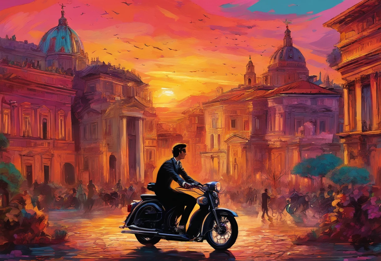 An illustration of Roman Holiday, an illustration of a Roman Holiday scene in which two people travel on a moped, the theme of the illustration is freedom and love. This scene shows Princess Anne and Joe enjoying their freedom and falling in love. Audrey Hepburn and Gregory Peck
BREAK,
The back view of two people riding a motorcycle, the view of two people riding a motorcycle looking at the cityscape of Rome, the view of two people riding a motorcycle illuminated by the sunset,
Expressing Princess Anne in bright colors, expressing Joe in dark colors, expressing the streets of Rome in colorful colors, expressing the sunset in warm colors, Hepburn's distinctive eyes, and Hepburn's beauty. Express with colors that emphasize