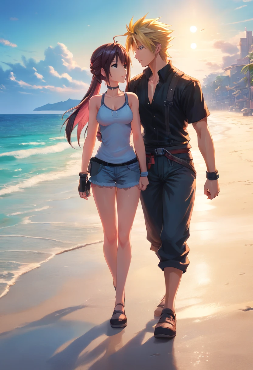 Cloud Strife und Tifa Lockheart am Strand aus Final Fantasy 7 Remake, kissing on the beach, UHD, masterpiece, ccurate, anatomically correct, high quality, high details, super detail, textured skin, best quality, highres, 8k