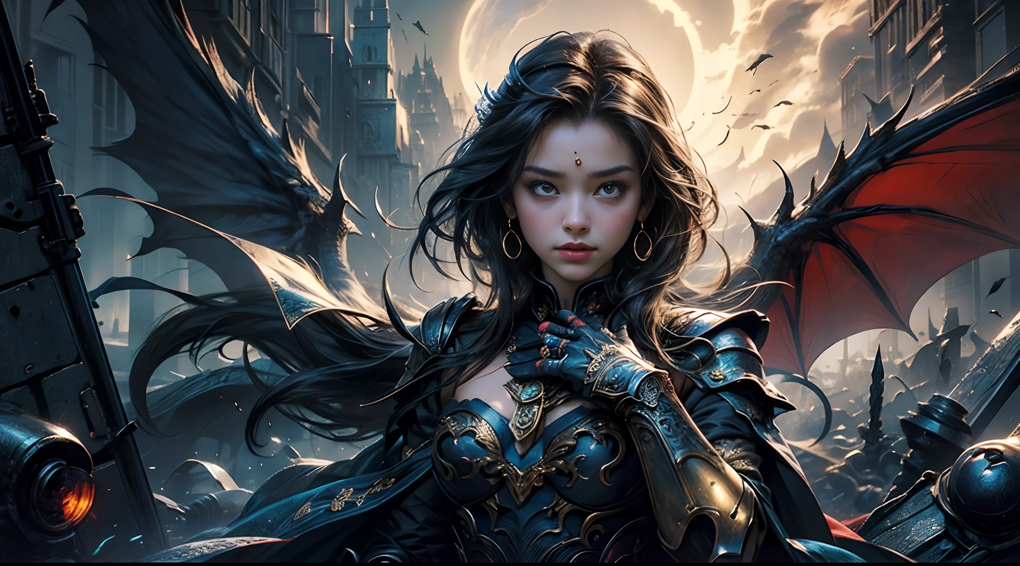 tmasterpiece,top-quality,best qualityer,offcial art,Beauty and aesthetics:1.2),(tmasterpiece:1.3), (8K, realisticlying, RAW photos, best qualtiy: 1.4), beauitful face, (photorealiscic face),超高分辨率, Ultra photo realsisim, highly detailed, the golden ratio, (with dynamism:1.3),(Saturation:1.3),illusory engine, (High detail: 1.9),(femele:1.4),(Large breasts),woman,Dragon's horn,Bat wings,The background is the destroyed city,Mid-range portrait,dramatics,(magia),(medieval times:1.8)