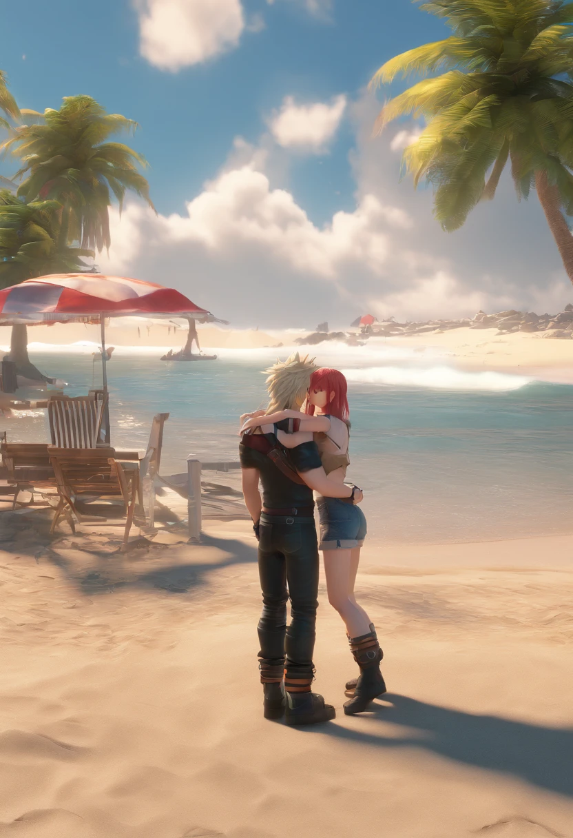 Cloud Strife und Tifa Lockheart am Strand aus Final Fantasy 7 Remake, kissing on the beach, UHD, masterpiece, ccurate, anatomically correct, high quality, high details, super detail, textured skin, best quality, highres, 8k