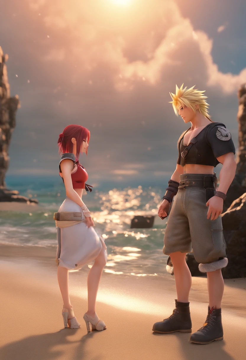 Cloud  Strife und Tifa  Lockheart am Strand  aus Final Fantasy 7 Remake, kissing on the beach, UHD, masterpiece, ccurate, anatomically correct, high quality, high details, super detail, textured skin, best quality, highres, 8k