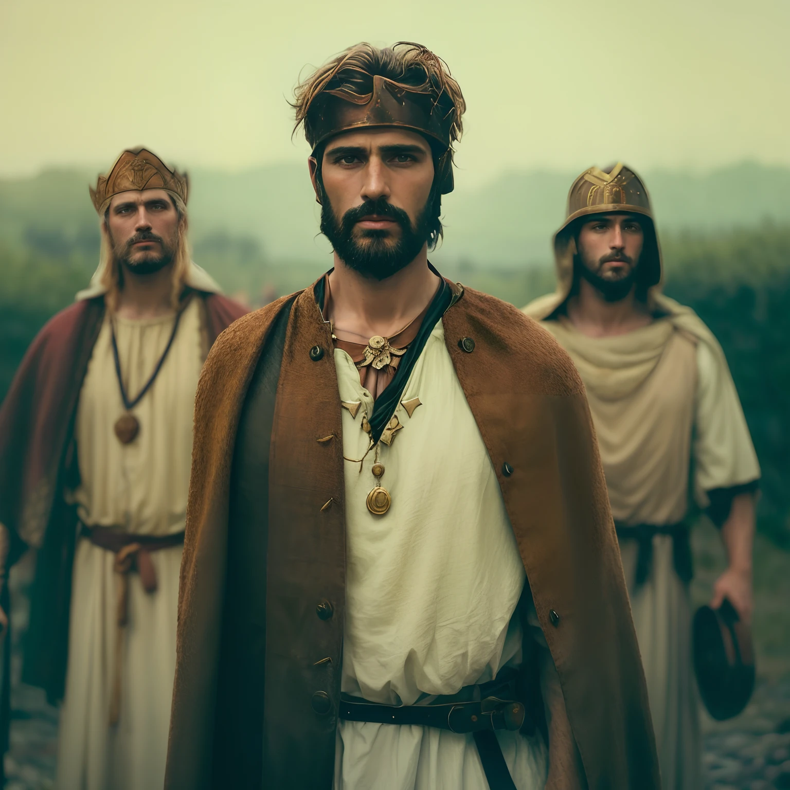 There are three men dressed in medieval clothes together, vestidos com roupas romanas, biblical clothing, inspirado em Robert Walker Macbeth, Vestido como Jesus Cristo, filme promocional ainda, history drama, Homem de Roma Antiga, imagem promocional do filme, Sqare-jawed em roupas medievais, inspirado em Roman Bezpalkiv, Reis antigos em vestes brancas, imagem promocional do filme