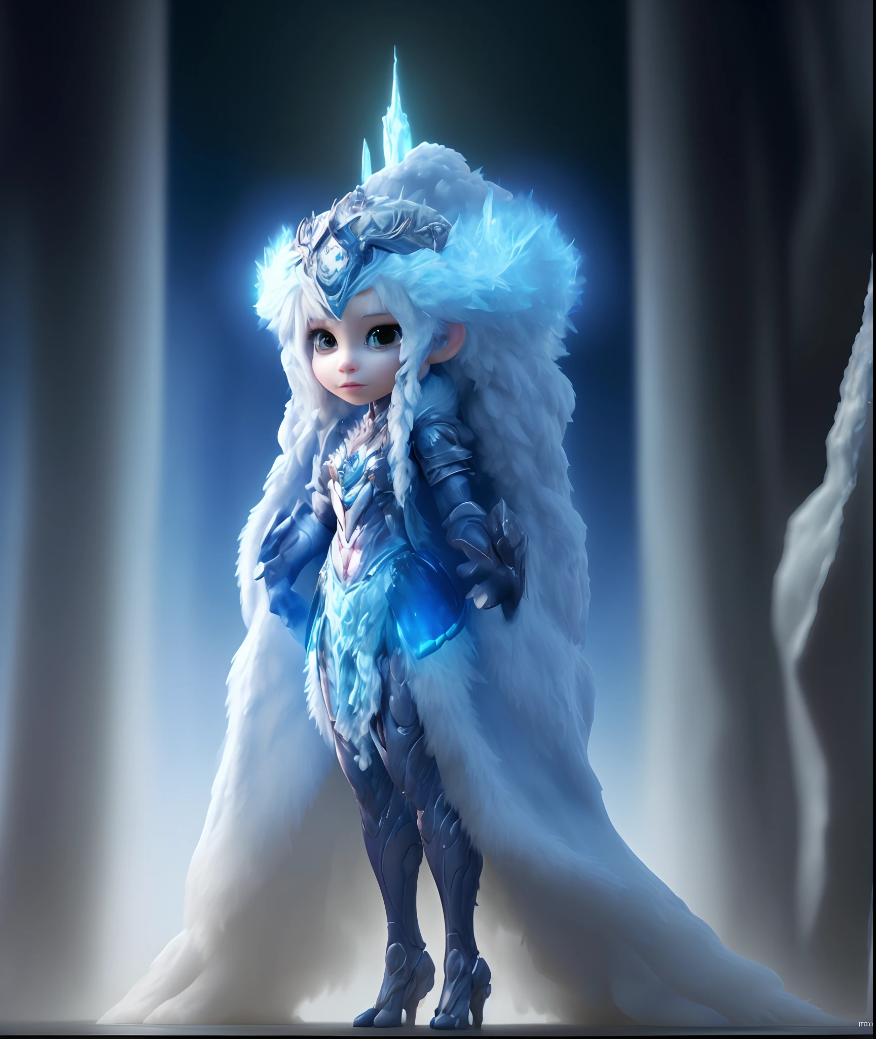 (Full body standing), Full body shot 、Fluffy costumes,、She wears a white fluffy outfit,Queen with beautiful winter face in severe cold、 Fluffy hat, Ice World, And the ice pendant.、Portraits of characters from Night Elf Warden World of Warcraft, A hyper-realistic, Wide Angle, Intricate details, Blade Runner artifacts, Very Detailed by Peter Mohrbacher, Boris Vallejo, Hajime Sorayama Aaron Hokey, by gaston bussiere, Craig Mullins、Full-body humanoid biomechanical organism, with milky skin and scales,, masutepiece, Absolutely perfect, stunning images, Visually rich, Intricately detailed, Concept art, by Emsifer, Luminous holographic, Cinematic, UHD Wallpapers, 。.3D, Octane Render, Volumetric Lights, Full body,