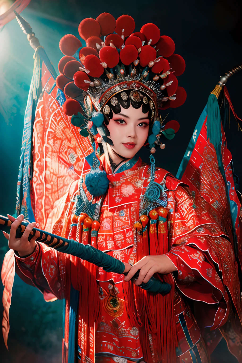 8K，RAW photos，best qualtiy，tmasterpiece，realisticlying，photograph realistic，ultra - detailed， 1 rapariga， CNOperaCrown，独奏，sportrait， Peking Opera costumes，looking at viewert， ssmile， From the front， putting makeup on， head gear， （（（CNOperaFlag）））， The flag is from behind， Take it， The upper part of the body， nipple tassels，（Daumadan：1.4），Stage background，