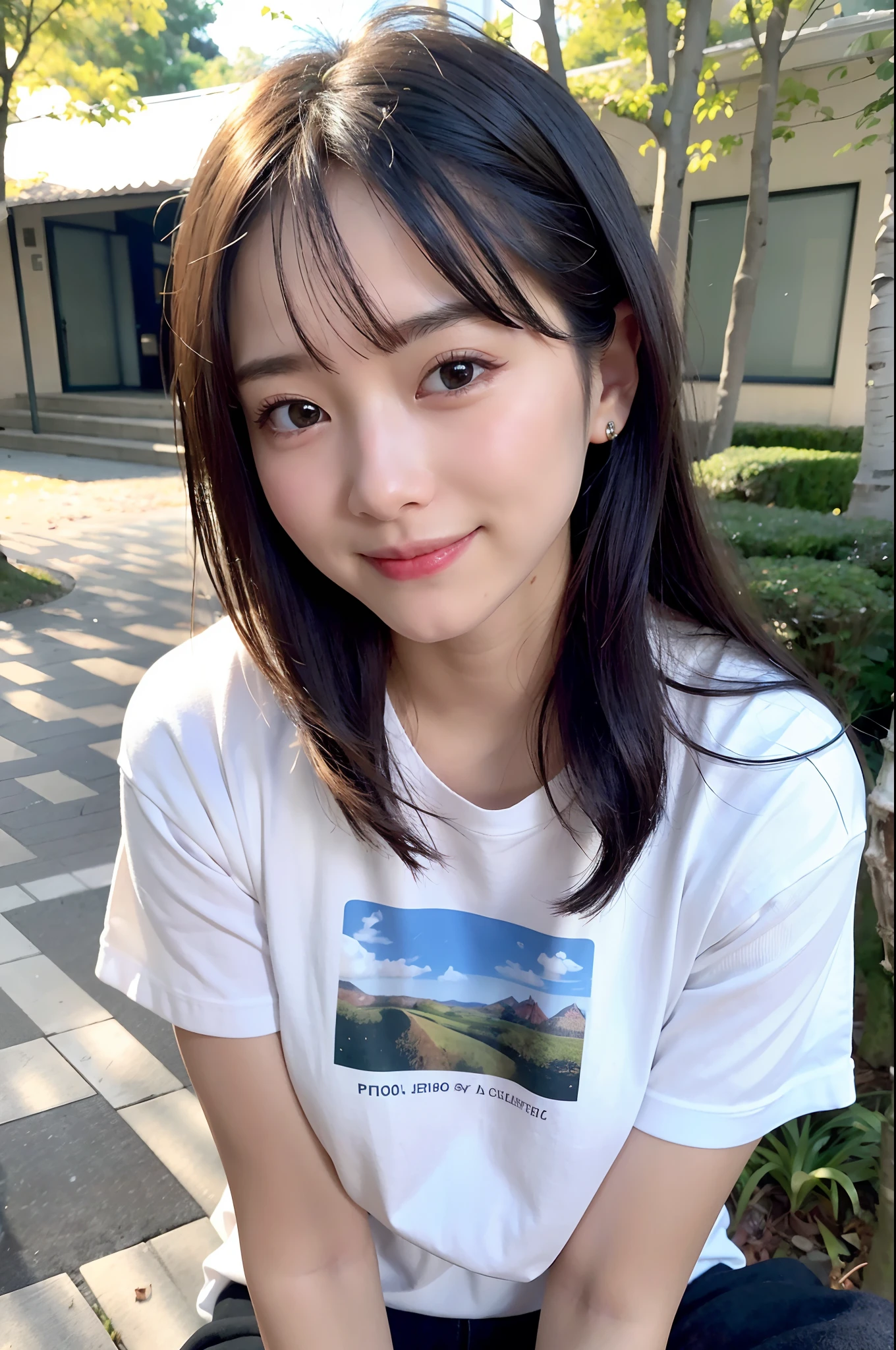 (top-quality、8K、32K、masuter piece、nffsw:1.2)、Cutest Japan Girl、女の子1人、profile、(slim figure:1.2)、(s lips) 、（Black hair）、二重まぶた、shinny skin、Realistic rays、mare、beauitful face、(A smile:1.3)、crouching down、(From  above:1.2)、(a closeup:1.4)、Boat Neck T-Shirt、Forest of autumn leaves、blurry backround、(Front Focus)、(Dark: 1.6)、Fantasy Art、photoRealstic、Professional Lighting、extra detailed face、Award-winning、deep-shadows、