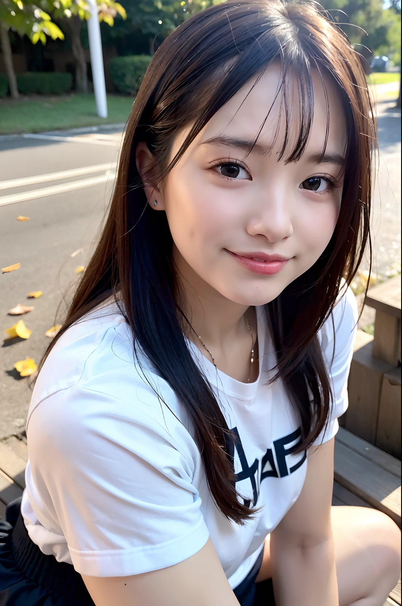Japanese Girls、17 years old、Forehead Baring、Long Straight Hair、Short sleeve shirt、Sticking tongue out face、Sticking out tongue、