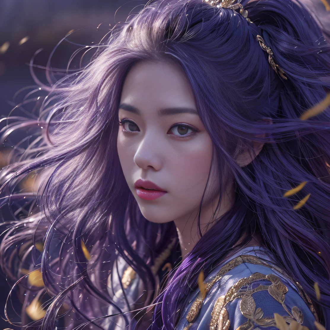 Genki Girl 32K（tmasterpiece，k hd，hyper HD，32K）Long flowing bright purple hair，Autumn Pond，zydink， a color， Asian people （Genki girl）， （Silk scarf）， Combat posture， looking at the ground， long whitr hair， Floating bright purple， Fire cloud pattern gold tiara， Chinese long-sleeved gold silk garment， （Abstract metaverse splash：1.2）， white backgrounid，Lotus vitality protector（realisticlying：1.4），Bright purple hair，Smoke on the road，The background is pure， A high resolution， the detail， RAW photogr， Sharp Re， Nikon D850 Film Stock Photo by Jefferies Lee 4 Kodak Portra 400 Camera F1.6 shots, Rich colors, ultra-realistic vivid textures, Dramatic lighting, Unreal Engine Art Station Trend, cinestir 800，A girl with long flowing bright purple hair