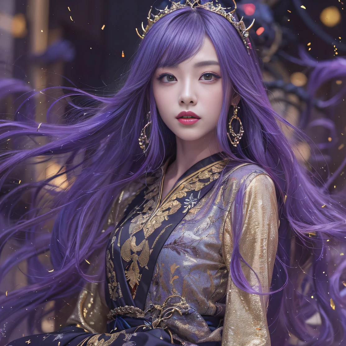 Genki Girl 32K(tmasterpiece,k hd,hyper HD,32K)Long flowing bright purple hair,Autumn Pond,zydink, a color, Asian people (Genki girl), (Silk scarf), Combat posture, looking at the ground, long whitr hair, Floating bright purple, Fire cloud pattern gold tiara, Chinese long-sleeved gold silk garment, (Abstract metaverse splash:1.2), white backgrounid,Lotus vitality protector(realisticlying:1.4),Bright purple hair,Smoke on the road,The background is pure, A high resolution, the detail, RAW photogr, Sharp Re, Nikon D850 Film Stock Photo by Jefferies Lee 4 Kodak Portra 400 Camera F1.6 shots, Rich colors, ultra-realistic vivid textures, Dramatic lighting, Unreal Engine Art Station Trend, cinestir 800,A girl with long flowing bright purple hair