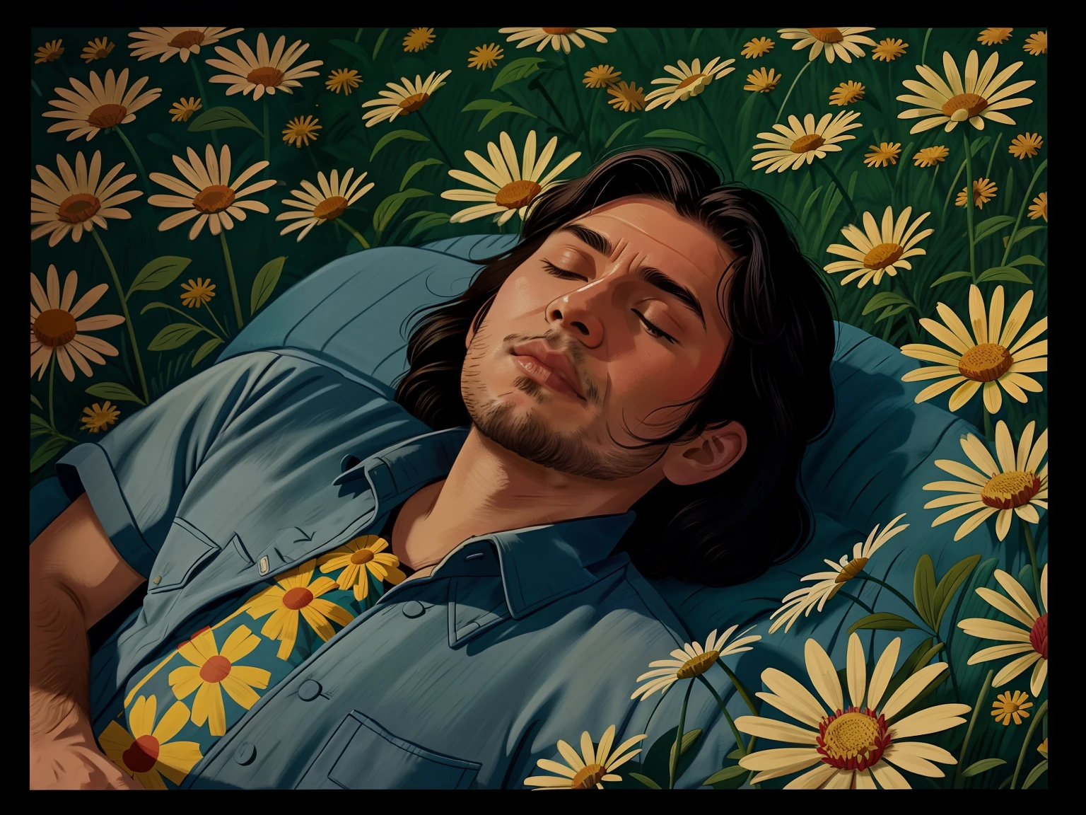 a close up of a man laying on a bed of flowers, still frame from a movie, lying on a bed of daisies, scene from kagemusha, flowers growing out of his body, still from l'estate, movie screencap, akira kurosawa, eraserhead, still from film, 1950s korean film noir, opening scene
