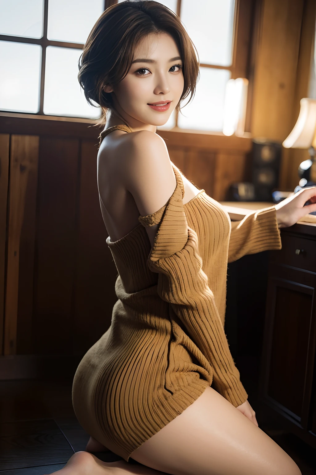 Best Quality, 超A high resolution, (Realistic、Photorealistic:1.4), 1girl in, Knitted dresses（Body）、a miniskirt、Shoulder out、 (light brown hair:1.2), l Viewing the Viewer, Smiling、Colossal tits、Plump style、Constriction、Very big ass,、indirect lighting、 urbane, makeup, Wide Angle、A sexy、transistor glamor、goddess of Japan、hair wavy、Short hair、beautiful mature women 、the perfect appearance