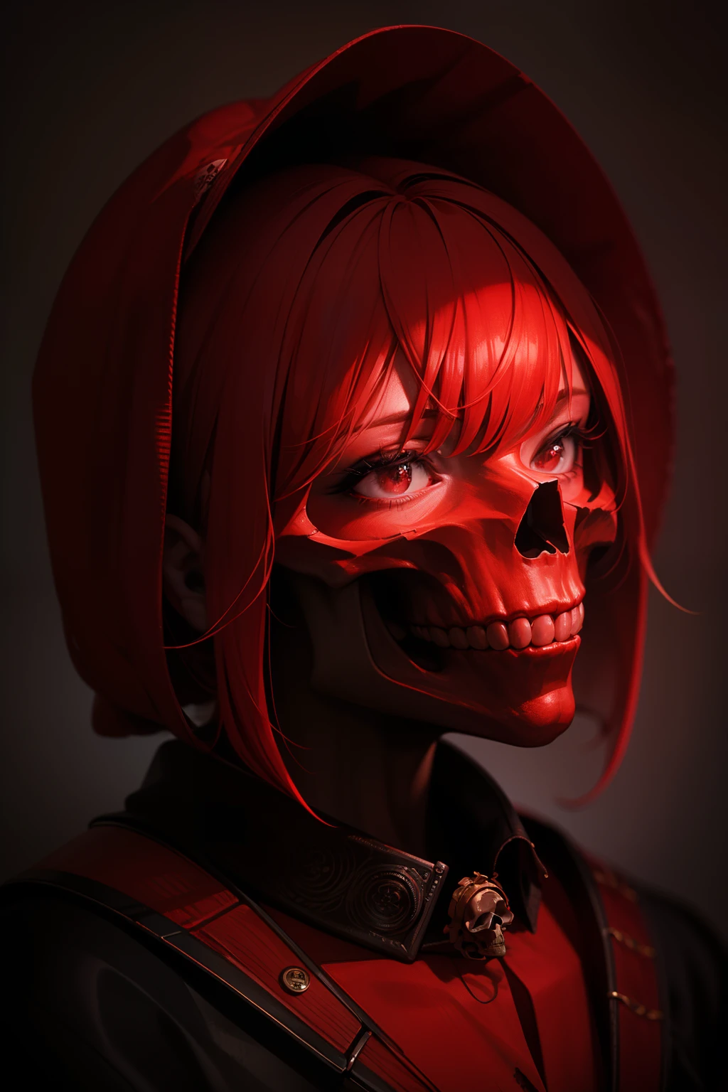 Photography of a vibrant red, surrounded by skulls, photorealistic, hyperrealistic, detailed, cinematic, surreal lighting