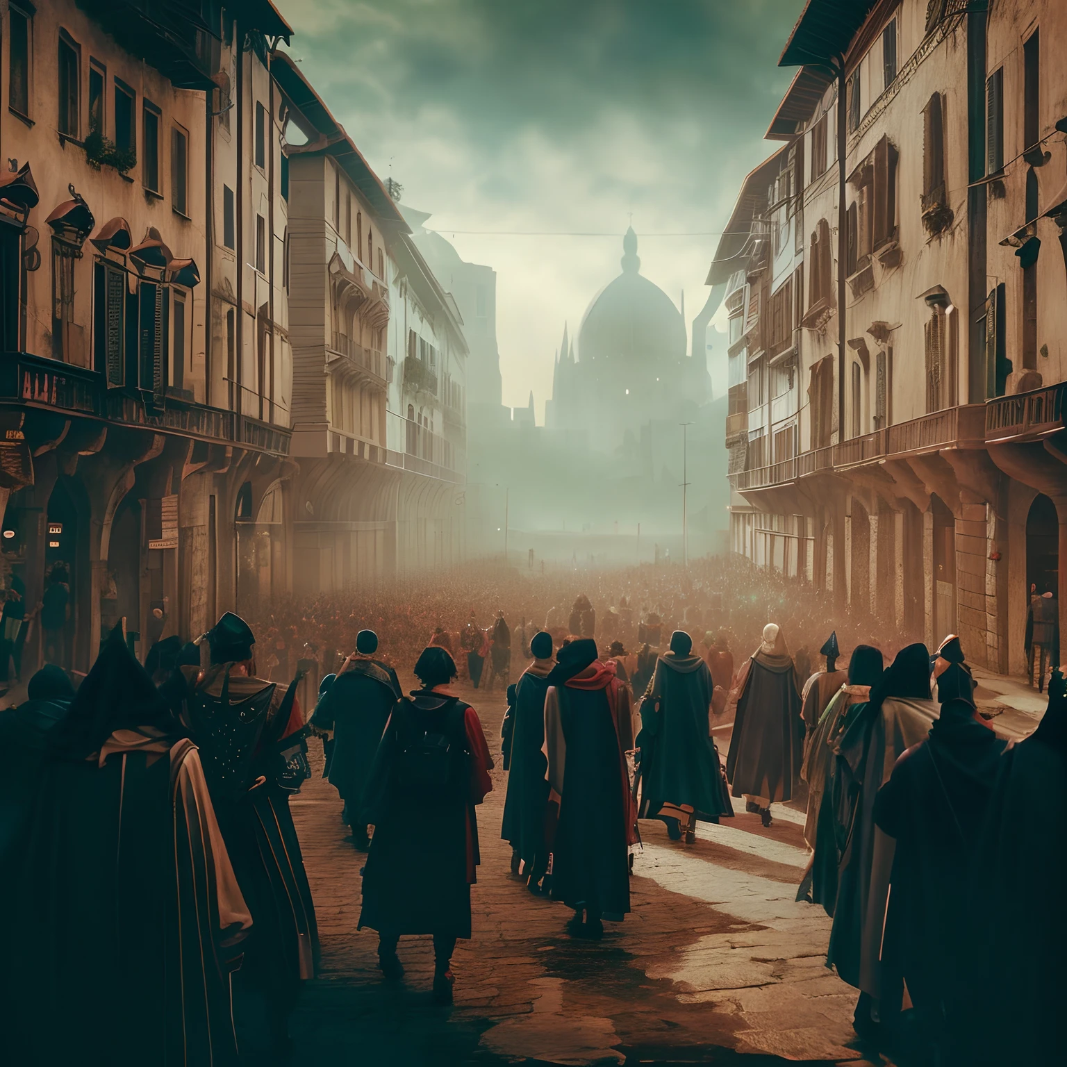 Image of a crowd walking down a street, cidade medieval, uma cidade medieval, viajantes andando pelas ruas, cinematic photograph concept art, em uma cidade medieval, rua lotada, Muitos NPCs nas ruas, Directed by: Alessandro Allori, cinematic 4k wallpaper, cinematic wallpaper 4k, Mordor como uma cidade movimentada, very epic atmosphere