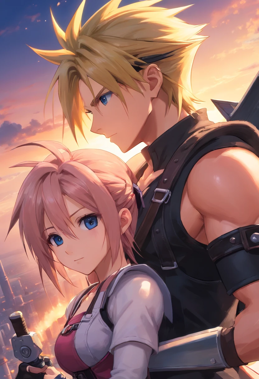 Cloud Strife und Tifa Lockheart Final Fantasy 7 Remake, UHD, masterpiece, ccurate, anatomically correct, high quality, high details, super detail, textured skin, best quality, highres, 8k
