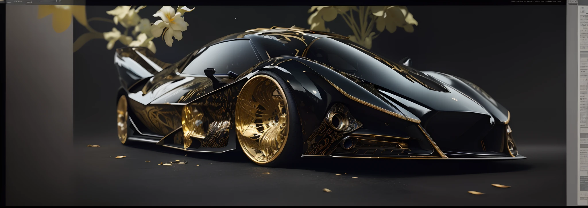 Photo realistic future supercar design by Leonardo DaVinci, Masterpiece, Scandinavian Design, low styling with starry headlights in black and gold patterns with lilies, side view portrait, 20k resolution concept art portrait by Leonardo DaVinci, Artgerm, WLOP, Alphonse Mucha, Giuseppe Arcimboldo, intricate details, highly detailed;, dynamic lighting hyperdetailed intricately detailed, filagree, DaVinci knots, Splash art trending on Artstation triadic colors Unreal Engine 5 volumetric lighting, whole car intertwined body panels, overlay.