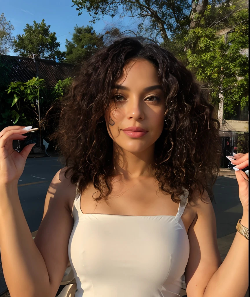 An urban adult female with a messy layered bob of long and curly brown hair, warm brown eyes reflecting compassion and kindness. Her self-assured demeanor and graceful figure exude elegance as she stands before an impressive urban white shirt and blue jeans, Clad in a sophisticated dark brown office frock and gladiator heels, she remains resolute in the face of an apocalyptic wind and weather. The photorealistic image captures her captivating presence amidst the chaos, and the sparkling eyes draw viewers into the compelling visual narrative of strength and determination , mixed race , smiling , looking away , 18 years old .