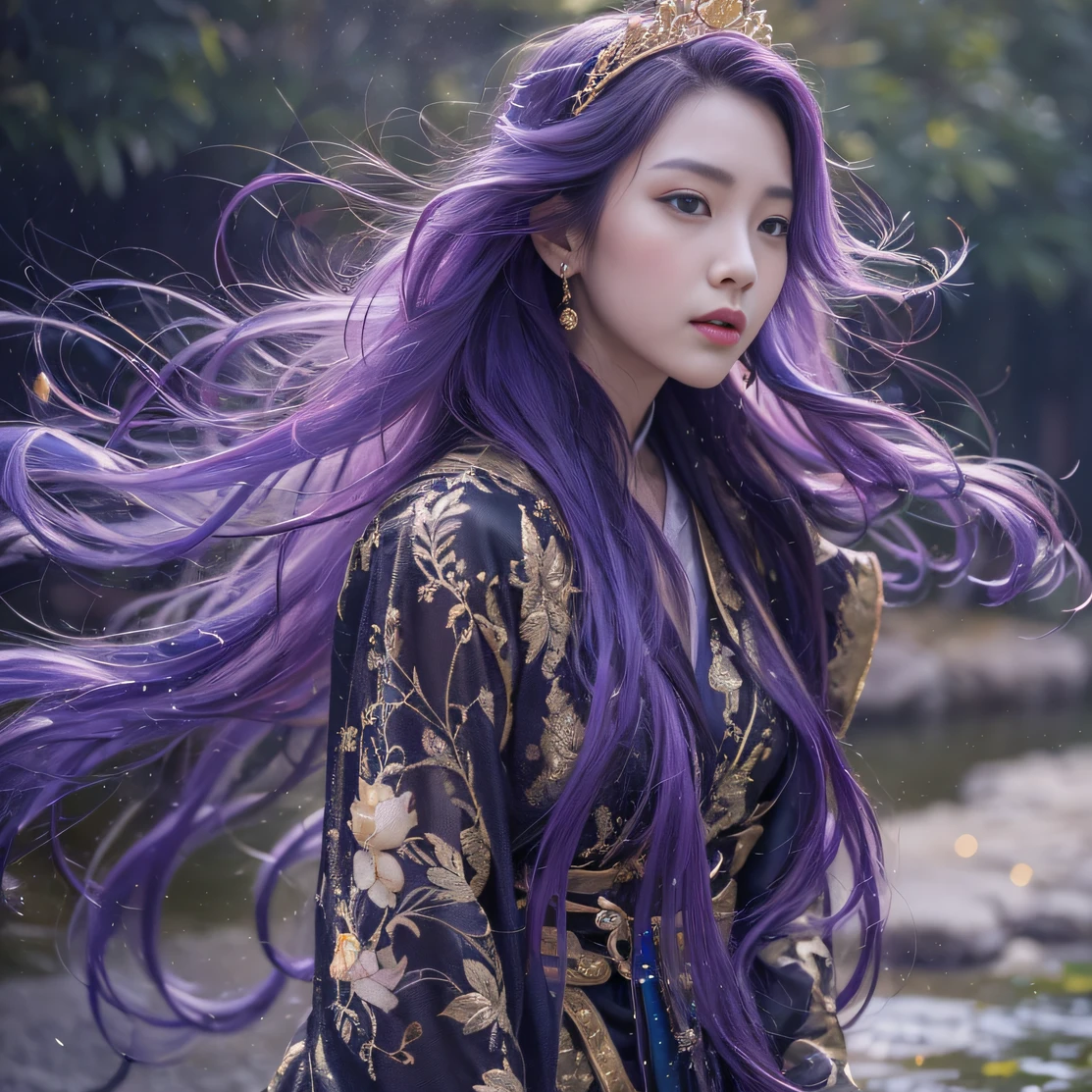 Genki Girl 32K(tmasterpiece,k hd,hyper HD,32K)Long flowing bright purple hair,Autumn Pond,zydink, a color, Asian people (Genki girl), (Silk scarf), Combat posture, looking at the ground, long whitr hair, Floating bright purple, Fire cloud pattern gold tiara, Chinese long-sleeved gold silk garment, (Abstract metaverse splash:1.2), white backgrounid,Lotus vitality protector(realisticlying:1.4),Bright purple hair,Smoke on the road,The background is pure, A high resolution, the detail, RAW photogr, Sharp Re, Nikon D850 Film Stock Photo by Jefferies Lee 4 Kodak Portra 400 Camera F1.6 shots, Rich colors, ultra-realistic vivid textures, Dramatic lighting, Unreal Engine Art Station Trend, cinestir 800,A girl with long flowing bright purple hair