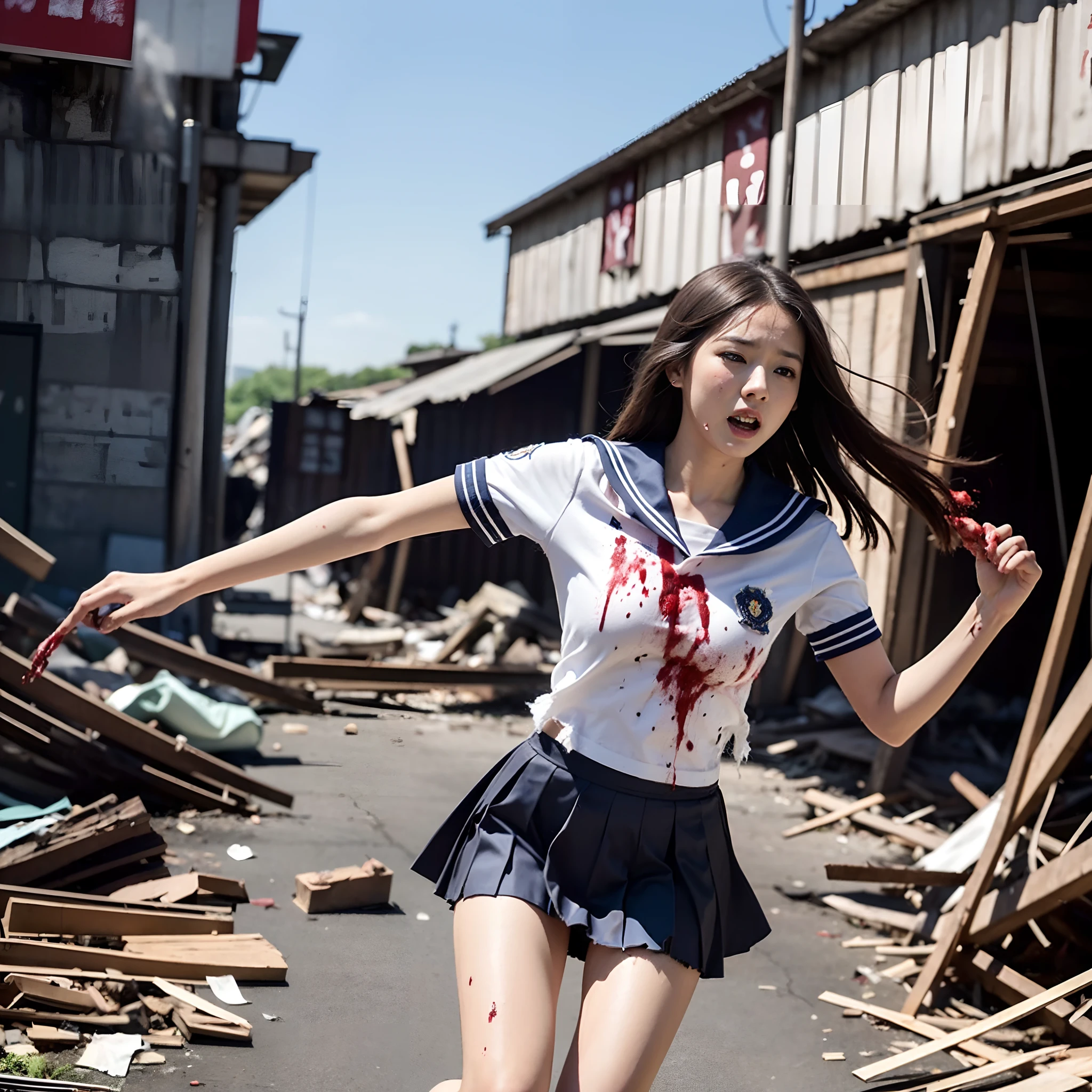(in 8K、RAW Photos、top-quality、masterpiece:1.2)、(realisitic、Photorealsitic:1.37)、ultra-detailliert、超A high resolution、Heroine of a monster movie、Giant Monsters、The dragon、Beautiful 15-year-old high school girl in Japan desperately fleeing from a giant monster in devastated Tokyo、terrified expression、School Uniforms、Schoolgirl Uniform、(Torn and dirty tattered sailor suit:1.2)、disheveled clothing、ripped fabric、(Clothes with blood stains:1.2)、Short pleated skirt、(Torn skirt:1.2)、Dirty hair、smudged face、(skin stained with blood or dust,:1.2)、Running through the rubble、building crumbling、Burning flame、stunningly beautiful face、dynamic ungle、动态照明