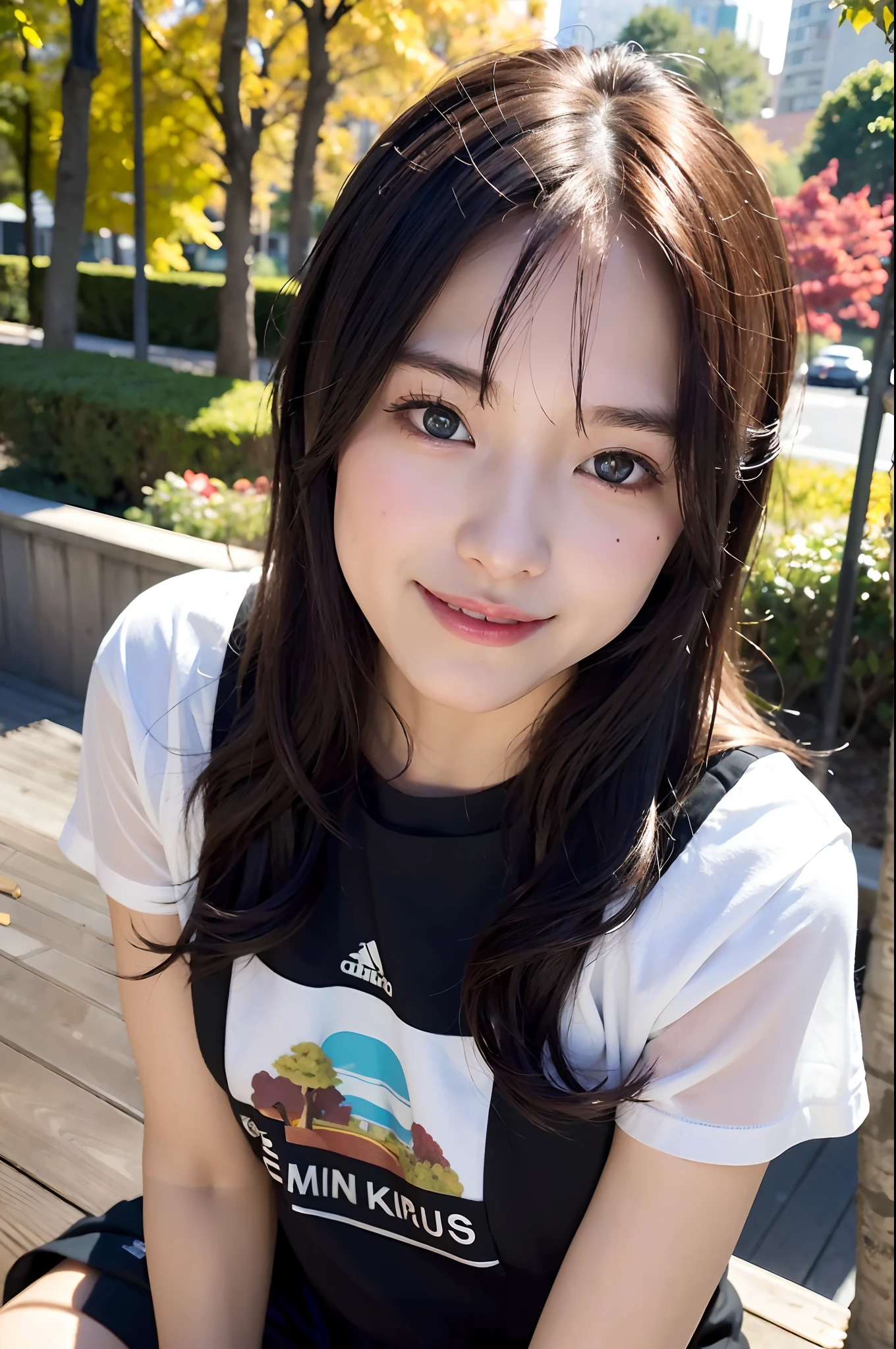 (top-quality、8K、32K、masuter piece、nffsw:1.2)、Cutest Japan Girl、女の子1人、profile、(slim figure:1.2)、(s lips) 、(Black hair)、二重まぶた、shinny skin、Realistic rays、mare、beauitful face、(A smile:1.3)、crouching down、(From above:1.2)、(a closeup:1.4)、Boat Neck T-Shirt、Forest of autumn leaves、blurry backround、(Front Focus)、(Dark: 1.6)、Fantasy Art、photoRealstic、Professional Lighting、extra detailed face、Award-winning、deep-shadows、