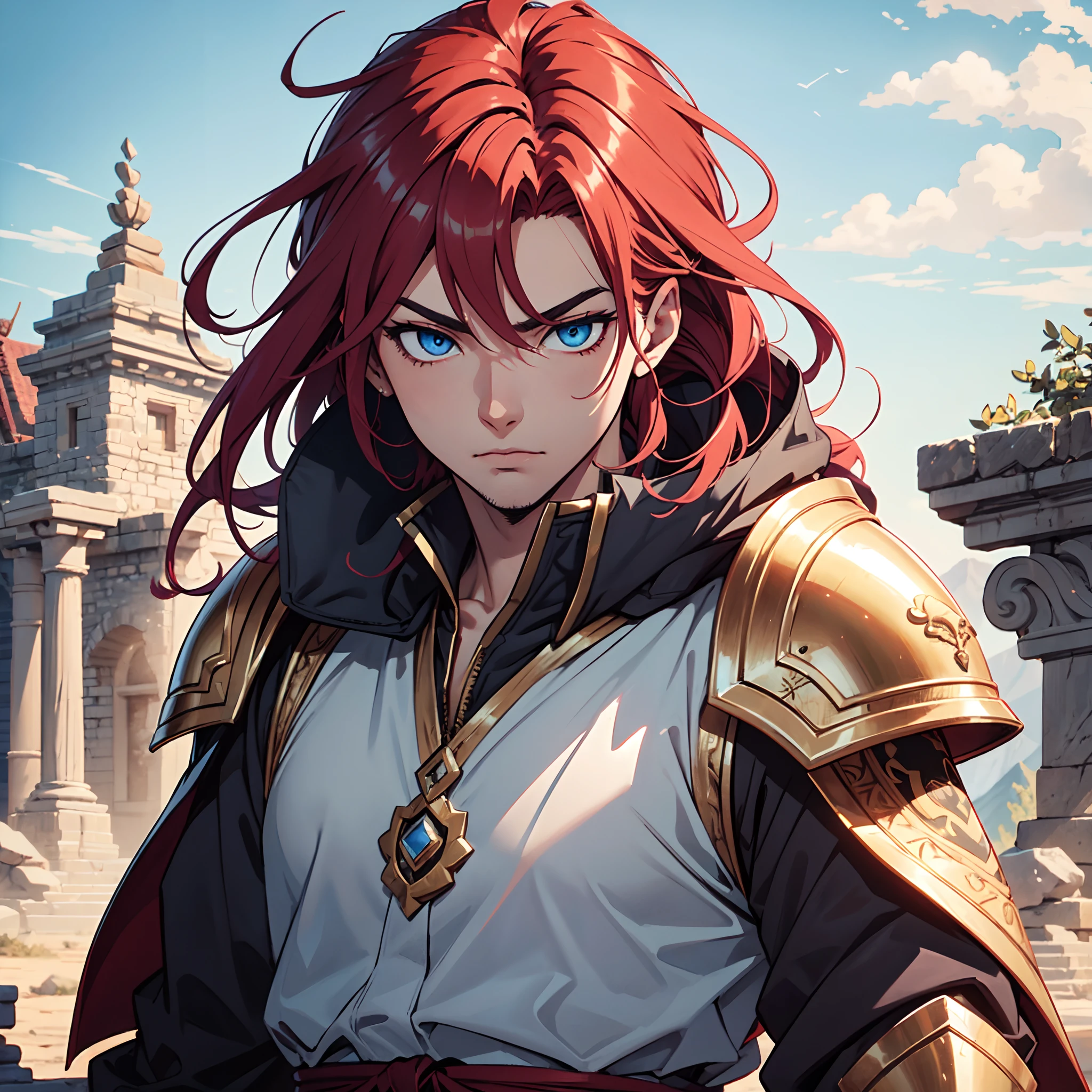 Ultra High Definition, Ultra High Quality, Extremely Detailed, Perfectly Detailed, Masterpiece, 8k, 1 Boy, Look A Like Xin From Kingdom Anime, Handsome, Equipped With Royal Knight Armor, Solid Light Blue Eyes, Long Red Hair, Body Shot, Ancient Kingdom Background
