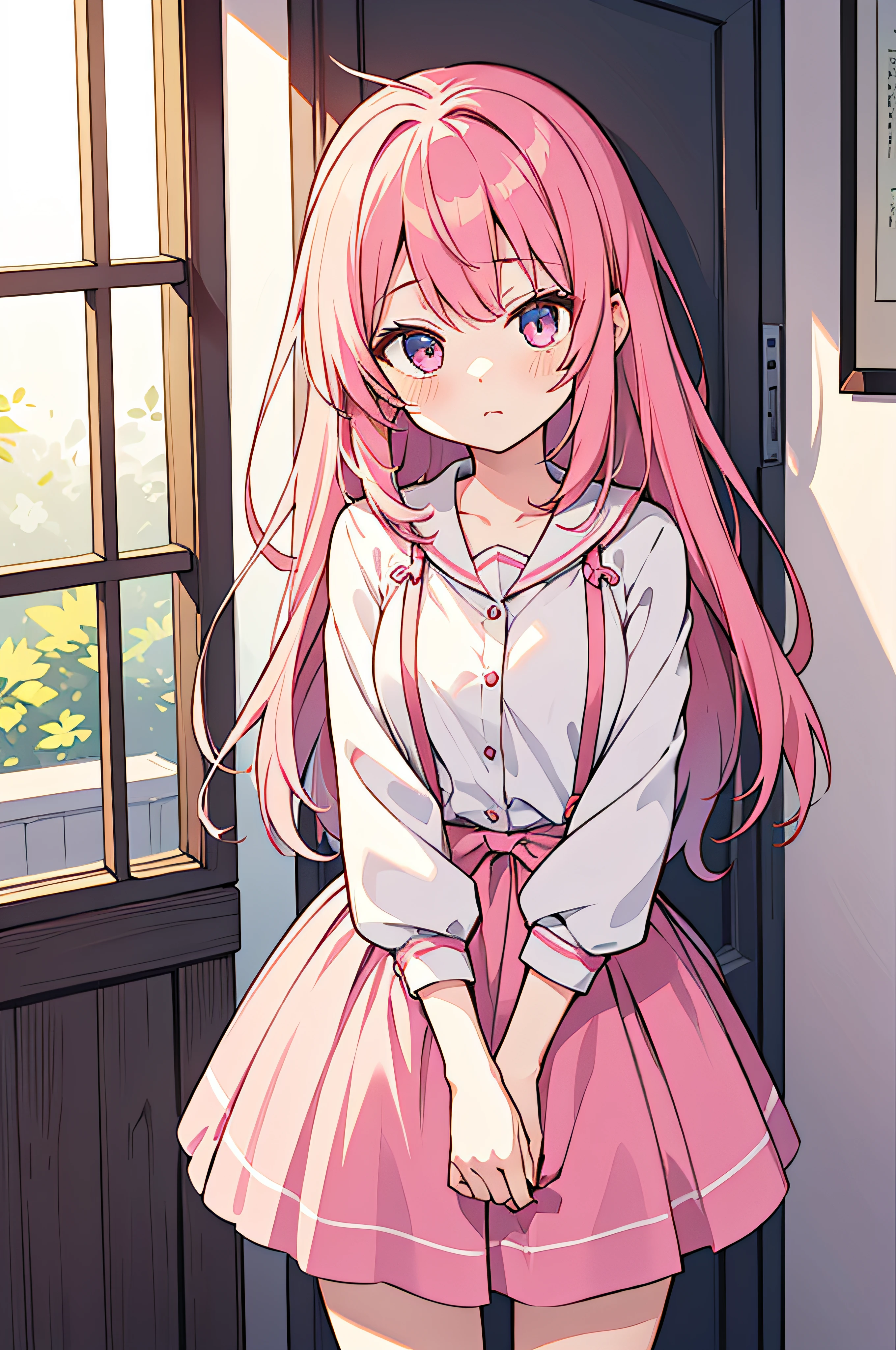 a woman with pink hair standing in front of a window, anime girl with long hair, yandere. tall, (anime girl), anime moe artstyle, mirai nikki, young anime girl, doki doki literature club, zerochan art, gapmoe yandere, nyaruko-san, an anime girl, with pink hair