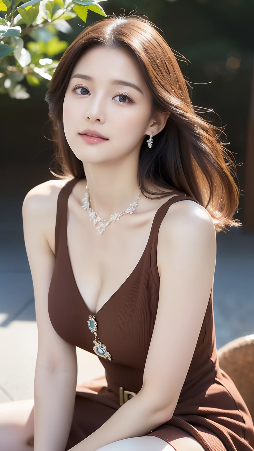 (((high resolution, high detailing, highly accurate, masutepiece))),Photography & realistic atmosphere,shinny skin,Beautiful skin,fine-grained white skin,Detailed face,Detailed eyes、Dark blue eyes,Very pretty eyes,Detailed lips、Very beautiful face,Very well-formed face、Lifelike face,shiny beautiful lips,Beautiful eyebrows,、,The best natural makeup for professional models,Japan idle,韓国アイドル,Very beautiful woman,Very beautiful girl,(((Colossal tits,very shapely big breastsVery beautiful lines from head to foot,thighs protruding from the dress,,Sit with your legs spread wide and you can see a lot of your thighs.,Exclusive and elegant ornaments,a necklace,Bracelets, the ring, piercings,))),Adornments designed to the smallest detail,(((Very stylish and revealing dress for a girl,Summer Fashion,full body photographed,Very Beautiful Japan High Schoole,Micro Mini fabrn red dress,Short dress with big floral pattern wearing beautiful heel sandals,Beautiful shortcuts in brown color,Eyes are moisturized,Gentle smile,Less tear bags))),watching at viewers,Beautiful gestures,Beautiful immature body, Innocence,(((photorealisim,Point the camera up from the ground))),Reality Live Action,nailart,((Beautiful butt、Slender legs,slanting shot,Turned,The back is visible)),超A high resolution、The face of a masterpiece with high detail,Natural and realistic face,and soft natural lighting