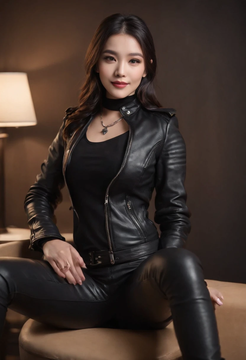 Wearing black leather gloves on both hands Upper body Black leather rider jacket Black leather skinny pants Black leather long boots Necklace on chest Smiling at modern study desk in the dark, Young Japan woman with long straight black hair (Black leather gloves cover both hands) With fingers in black leather gloves, Sitting in a leather chair, Working at a computer, Staring at the screen