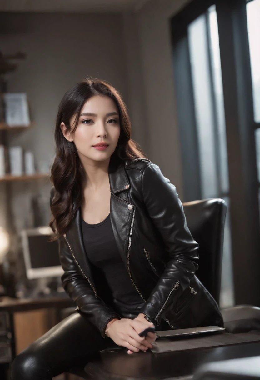 Wearing black leather gloves on both hands Upper body Black leather rider jacket Black leather skinny pants Black leather long boots Necklace on chest Smiling at modern study desk in the dark, Young Japan woman with long straight black hair (Black leather gloves cover both hands) With fingers in black leather gloves, Sitting in a leather chair, Working at a computer, Staring at the screen