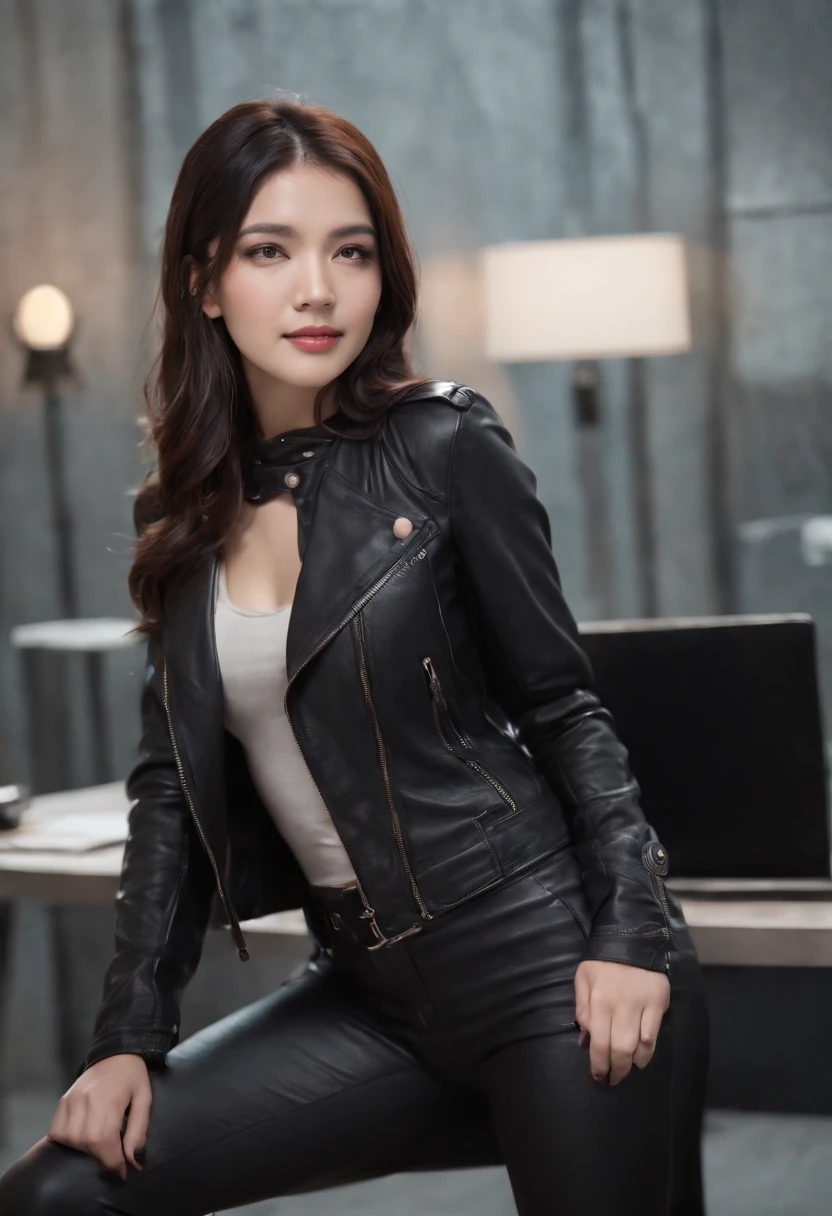 Wearing black leather gloves on both hands Upper body Black leather rider jacket Black leather skinny pants Black leather long boots Necklace on chest Smiling at modern study desk in the dark, Young Japan woman with long straight black hair (Black leather gloves cover both hands) With fingers in black leather gloves, Sitting in a leather chair, Working at a computer, Staring at the screen