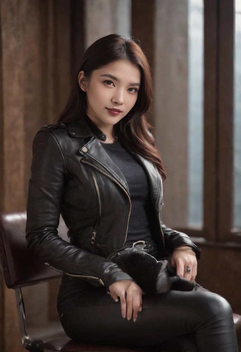 Wearing black leather gloves on both hands Upper body Black leather rider jacket Black leather skinny pants Black leather long boots Necklace on chest Smiling at modern study desk in the dark, Young Japan woman with long straight black hair (Black leather gloves cover both hands) With fingers in black leather gloves, Sitting in a leather chair, Working at a computer, Staring at the screen