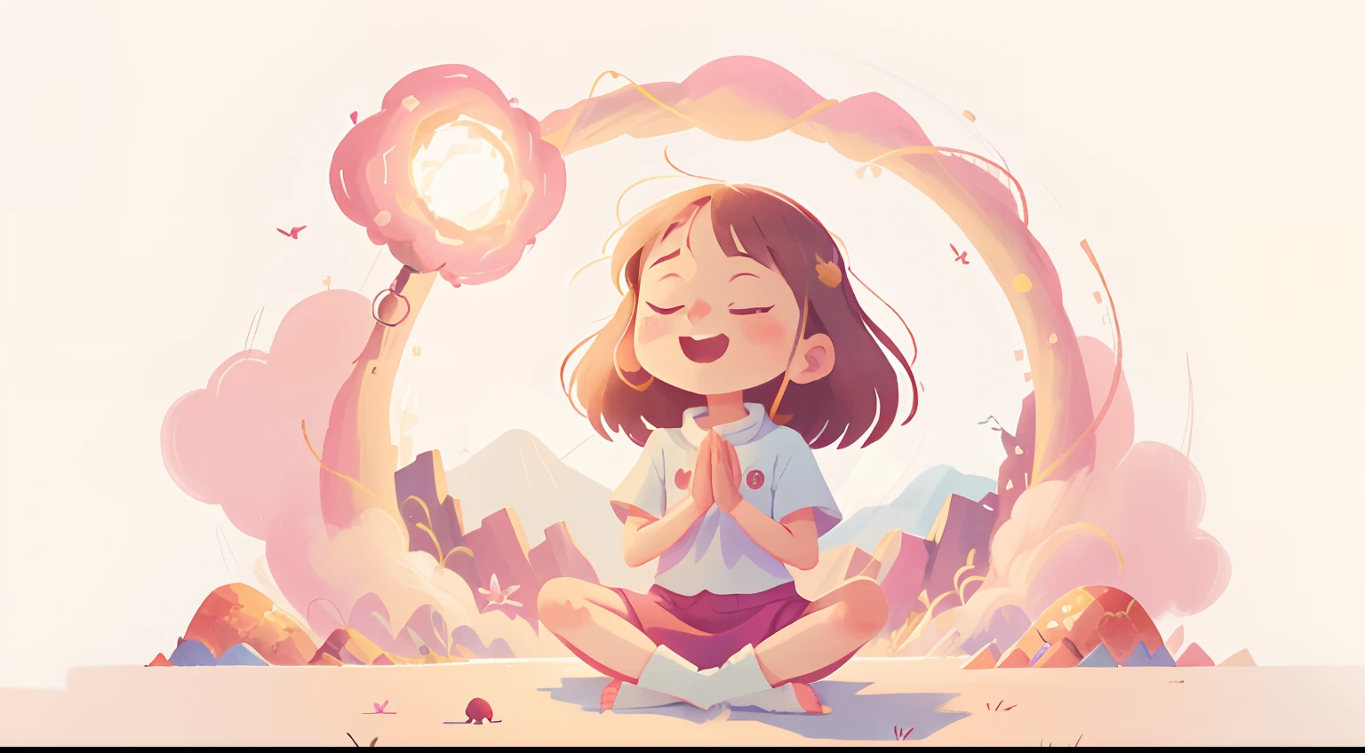 Pink style, happy girl is meditating. Meditation. a vortex of reiki energy. idyllic scenery. white background,brushwork exploration. Cole Lisa. Simple art. Ghibli-style studio.