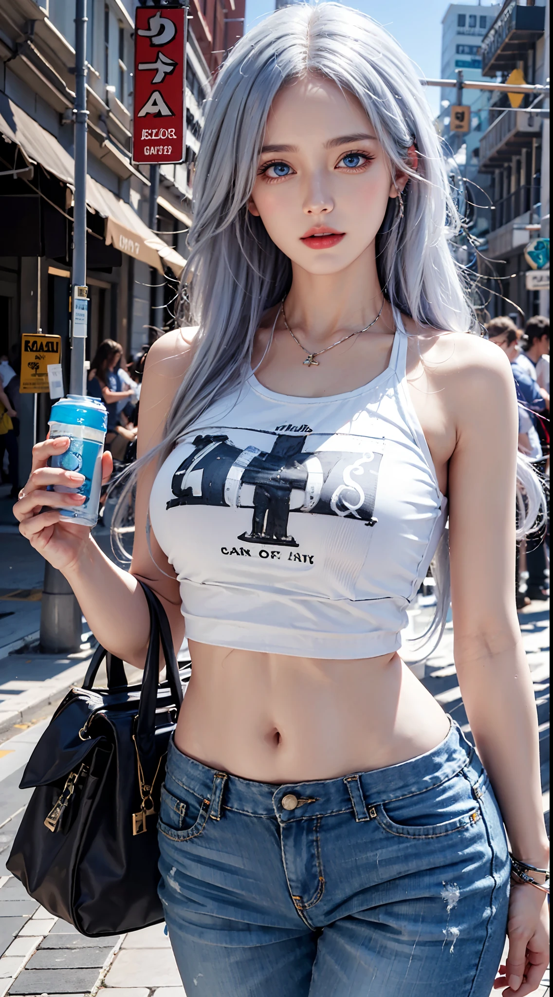 photorealistic, high resolution,masterpiece,best quality,ultra-detailed, 1women, mature female, blue eyes, solo, hips up, white hair, street wear, t-shirt, pants,cross bag