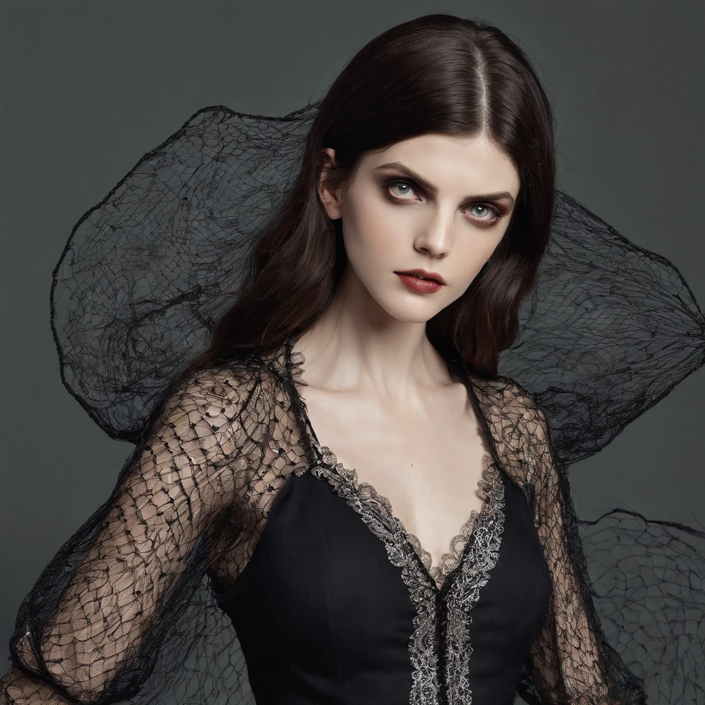 Alexandra Daddario with gothic net symbolic clothes, 。.com (Barbed wire of the body) brunette color hair,Gray hair ends