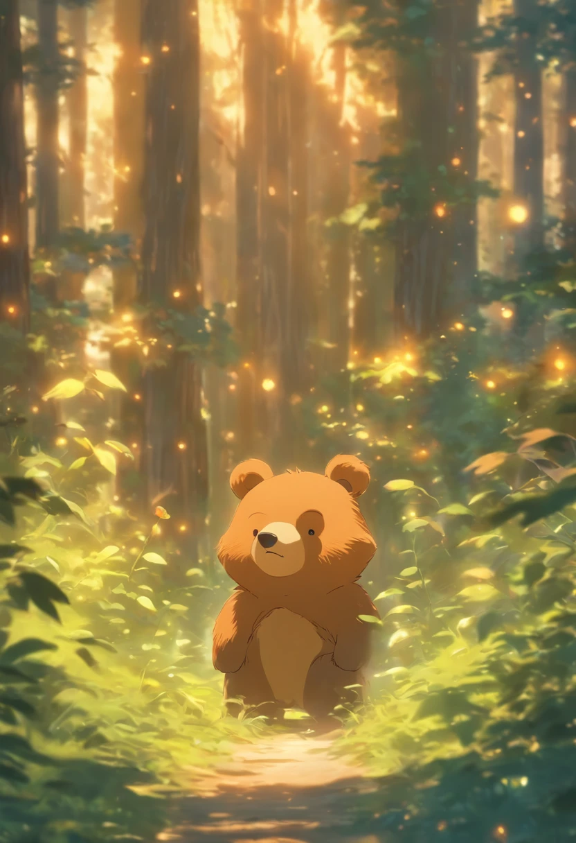 foreshortening, Depth of field, Masterpiece, Best quality, Cute bear, ln the forest,Illuminated by soft, Dreamy volumetric lighting. Surreal but non-threatening and beautiful. perfectquality, Clear focus