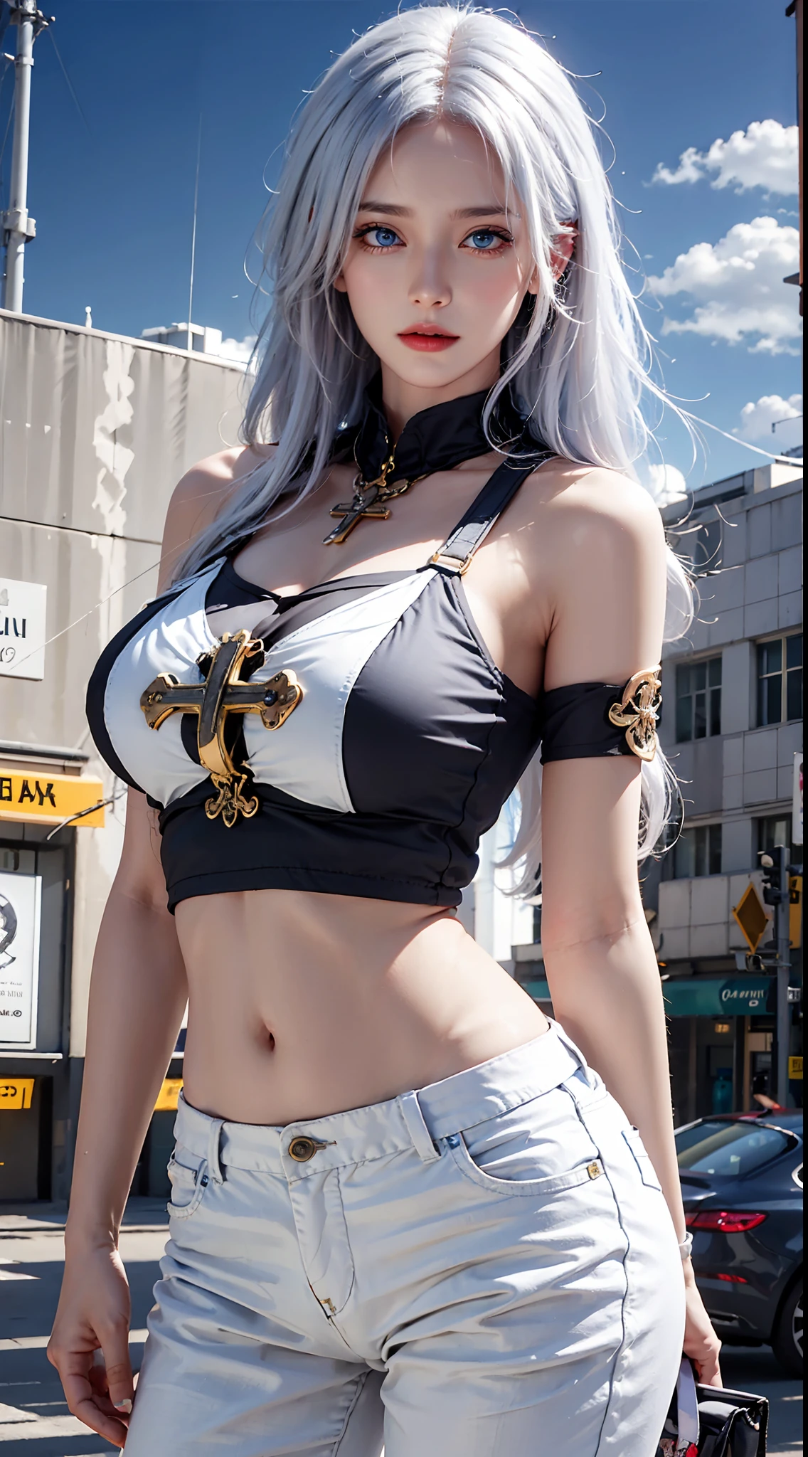 photorealistic, high resolution,masterpiece,best quality,ultra-detailed, 1women, mature female, blue eyes, solo, hips up, white hair, street wear, t-shirt, pants,cross bag