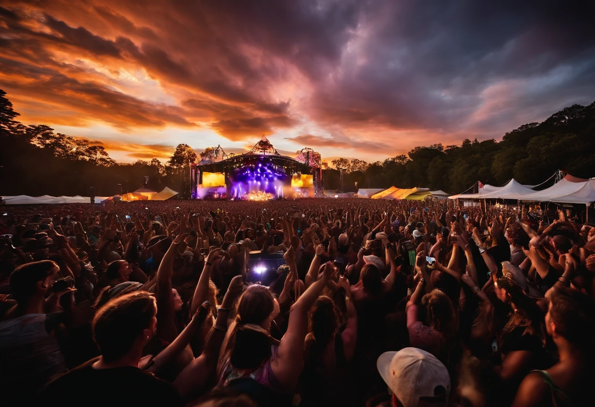 outdoor music festival. The image captures a crowd dancing and cheering to the beat of exhilarating music, their faces filled with joy and camaraderie. Colorful stage lights illuminate the open-air venue, creating a captivating spectacle. The composition is a wide-angle shot, capturing the vastness of the festival grounds and the collective energy of the attendees. The lighting is dynamic, pulsating in sync with the music. This photograph epitomizes the electrifying atmosphere and sense of togetherness that music festivals evoke. Photographed by Danny Clinch, a renowned music photographer known for his dynamic and candid captures