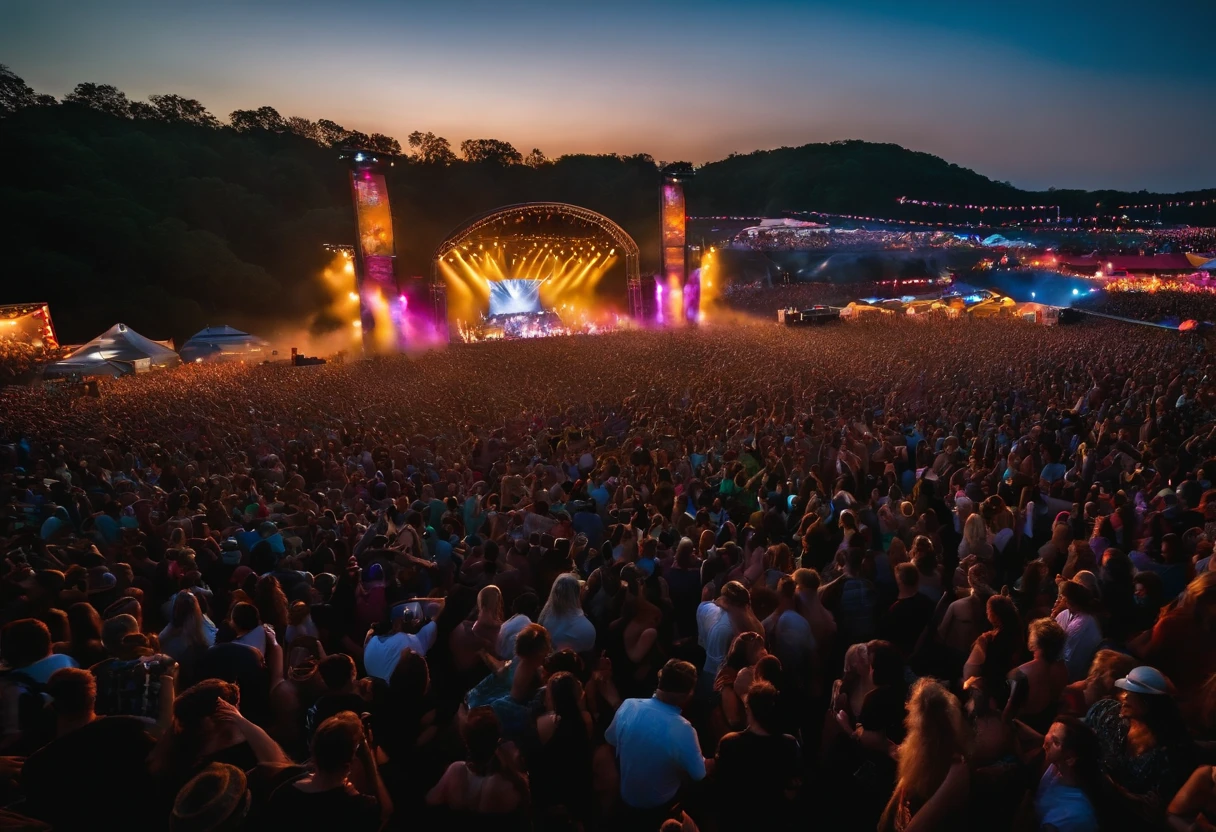 outdoor music festival. The image captures a crowd dancing and cheering to the beat of exhilarating music, their faces filled with joy and camaraderie. Colorful stage lights illuminate the open-air venue, creating a captivating spectacle. The composition is a wide-angle shot, capturing the vastness of the festival grounds and the collective energy of the attendees. The lighting is dynamic, pulsating in sync with the music. This photograph epitomizes the electrifying atmosphere and sense of togetherness that music festivals evoke. Photographed by Danny Clinch, a renowned music photographer known for his dynamic and candid captures
