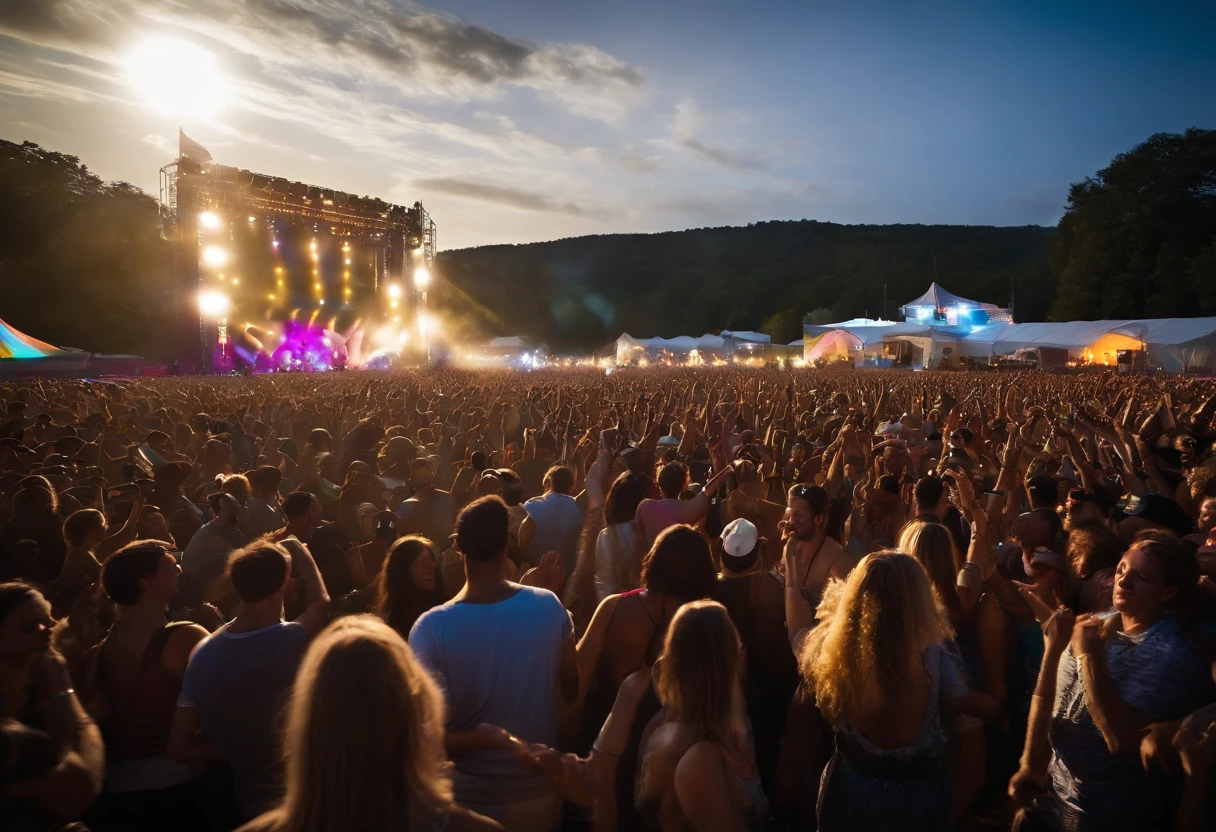 outdoor music festival. The image captures a crowd dancing and cheering to the beat of exhilarating music, their faces filled with joy and camaraderie. Colorful stage lights illuminate the open-air venue, creating a captivating spectacle. The composition is a wide-angle shot, capturing the vastness of the festival grounds and the collective energy of the attendees. The lighting is dynamic, pulsating in sync with the music. This photograph epitomizes the electrifying atmosphere and sense of togetherness that music festivals evoke. Photographed by Danny Clinch, a renowned music photographer known for his dynamic and candid captures