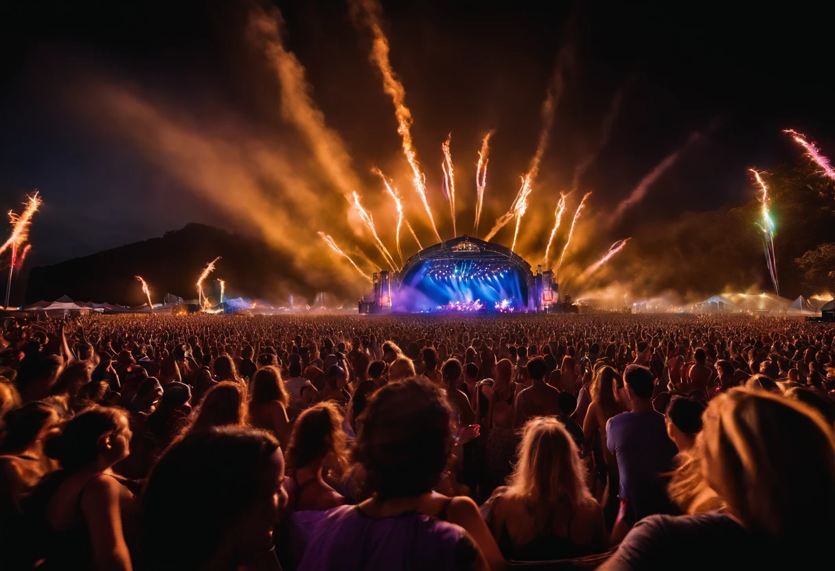 outdoor music festival. The image captures a crowd dancing and cheering to the beat of exhilarating music, their faces filled with joy and camaraderie. Colorful stage lights illuminate the open-air venue, creating a captivating spectacle. The composition is a wide-angle shot, capturing the vastness of the festival grounds and the collective energy of the attendees. The lighting is dynamic, pulsating in sync with the music. This photograph epitomizes the electrifying atmosphere and sense of togetherness that music festivals evoke. Photographed by Danny Clinch, a renowned music photographer known for his dynamic and candid captures