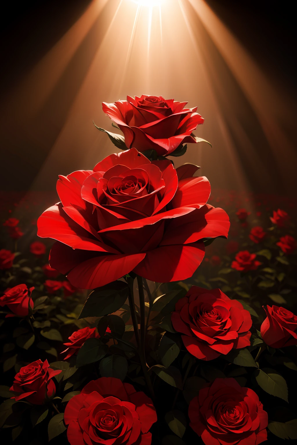Red rose, dead around, hyperrealistic, surreal, sun rays, cinematic, HD, intricate details
