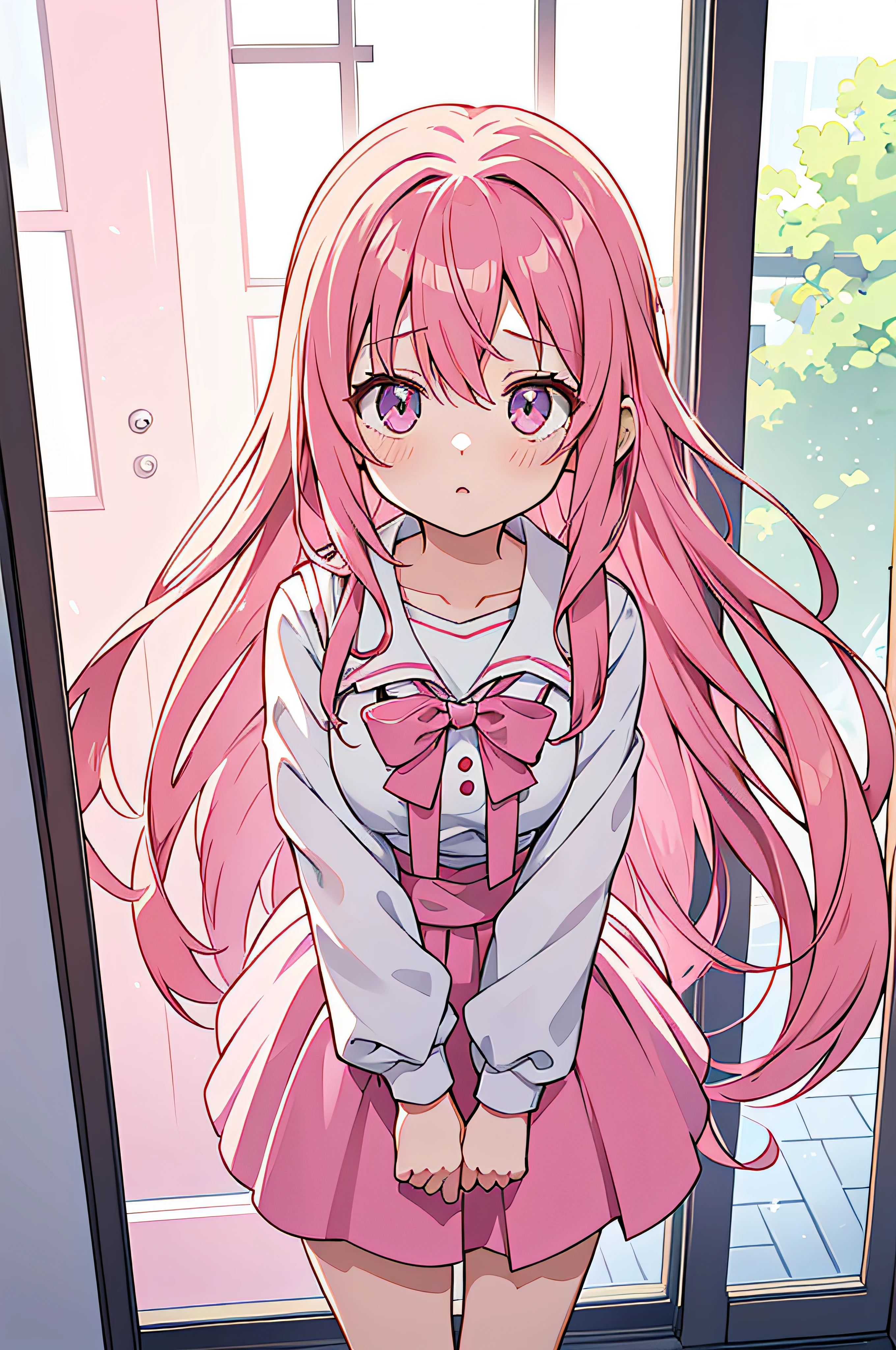 a woman with pink hair standing in front of a window, anime girl with long hair, yandere. tall, (anime girl), anime moe artstyle, mirai nikki, young anime girl, doki doki literature club, zerochan art, gapmoe yandere, nyaruko-san, an anime girl, with pink hair