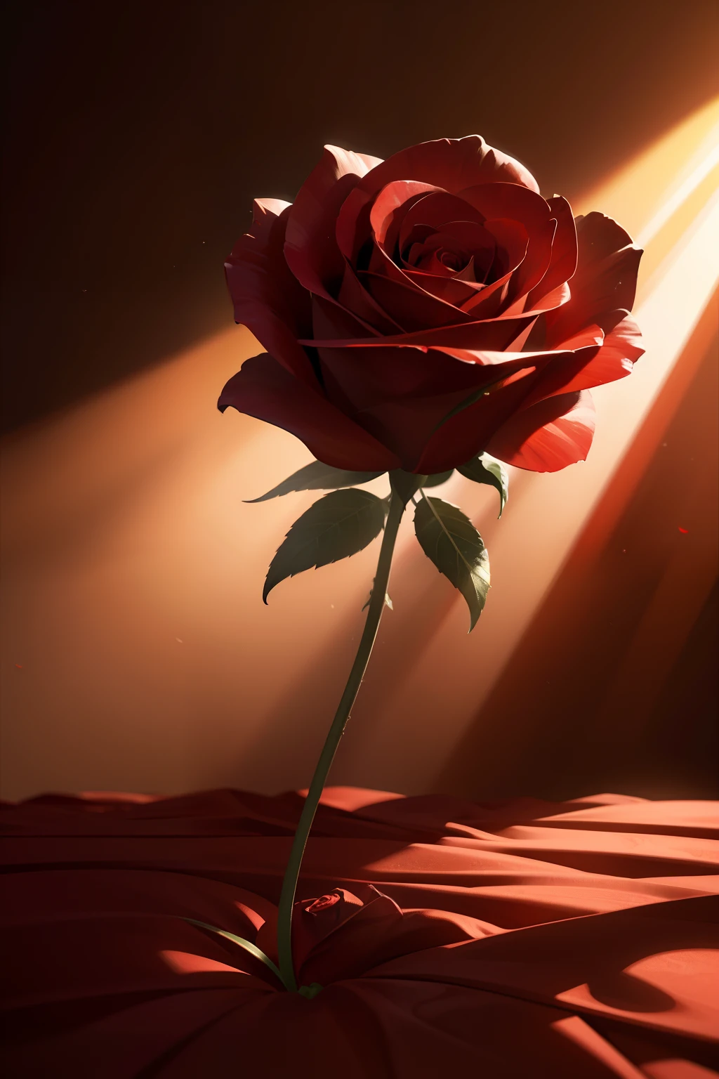 Red rose, dead around, hyperrealistic, surreal, sun rays, cinematic, HD, intricate details