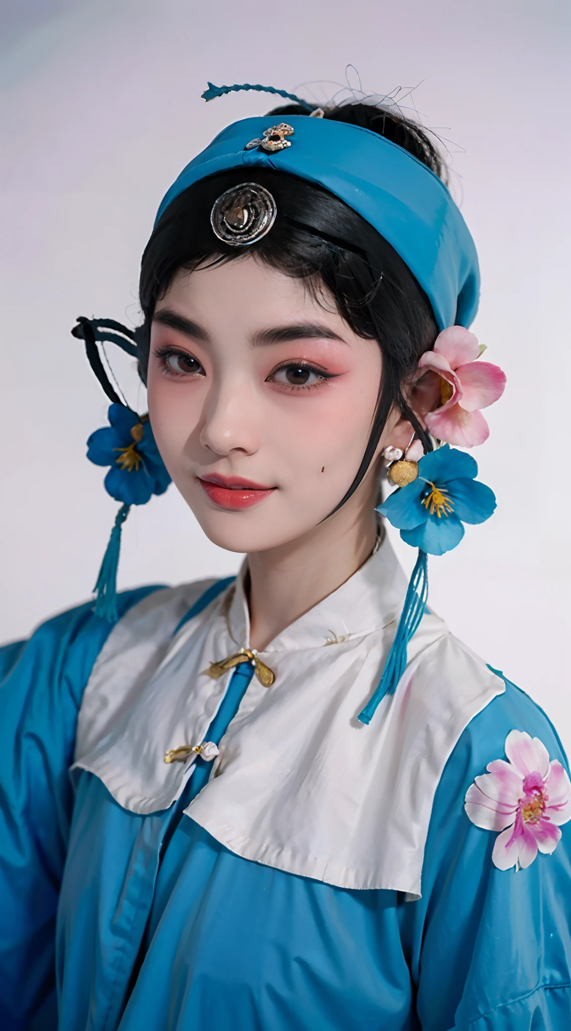 8K, RAW photo, Best quality, Masterpiece, Realistic, photo-realistic, Ultra detailed,（Peking Opera Half Noodles：1.2） 1 girl, CNOperaCrown, From the front side, view the viewer, Peking Opera costumes,headdress, (((CNOperaFlag))), Mark from behind, Holding, Upper body, nipple tassels,Portrait, Simple background, Smile, Mouth closed, Flowers,Small breasts,Slim,Thin,Small head,Small face