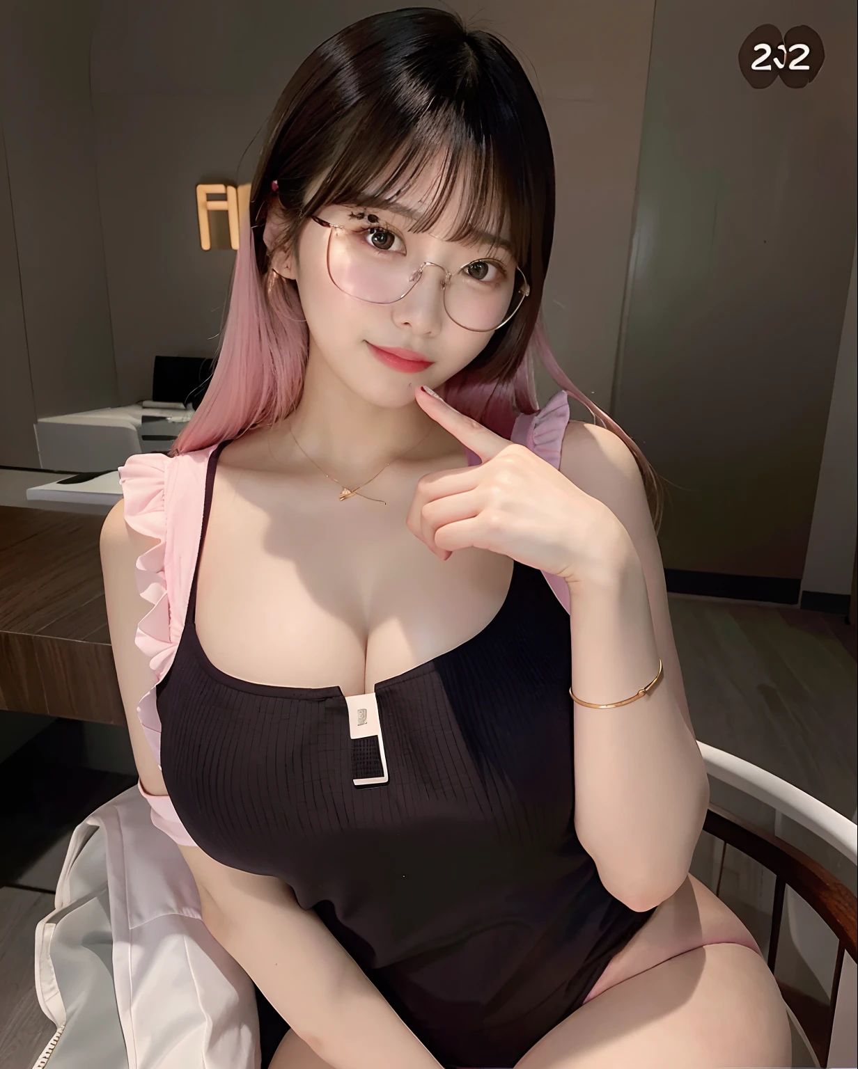 there is a woman with glasses sitting on a chair with a pink pillow, good young girl, korean girl, with glasses, gorgeous young korean woman, sie boob, cleavage, beautiful south korean woman, asian girl, young and cute girl, sexy girl, attractive girl, thick glasses, sexy gaze, bbwchan, busty, thicc, open v chest clothes