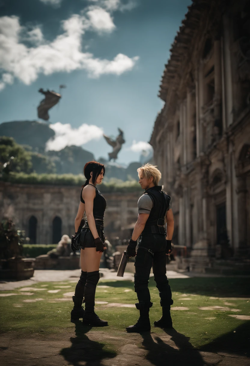 Tragic Final Fantasy scene, Aerith (weak, wounded) kneeling, evil sephiroth strikes with long katana, the sword went through her chest
