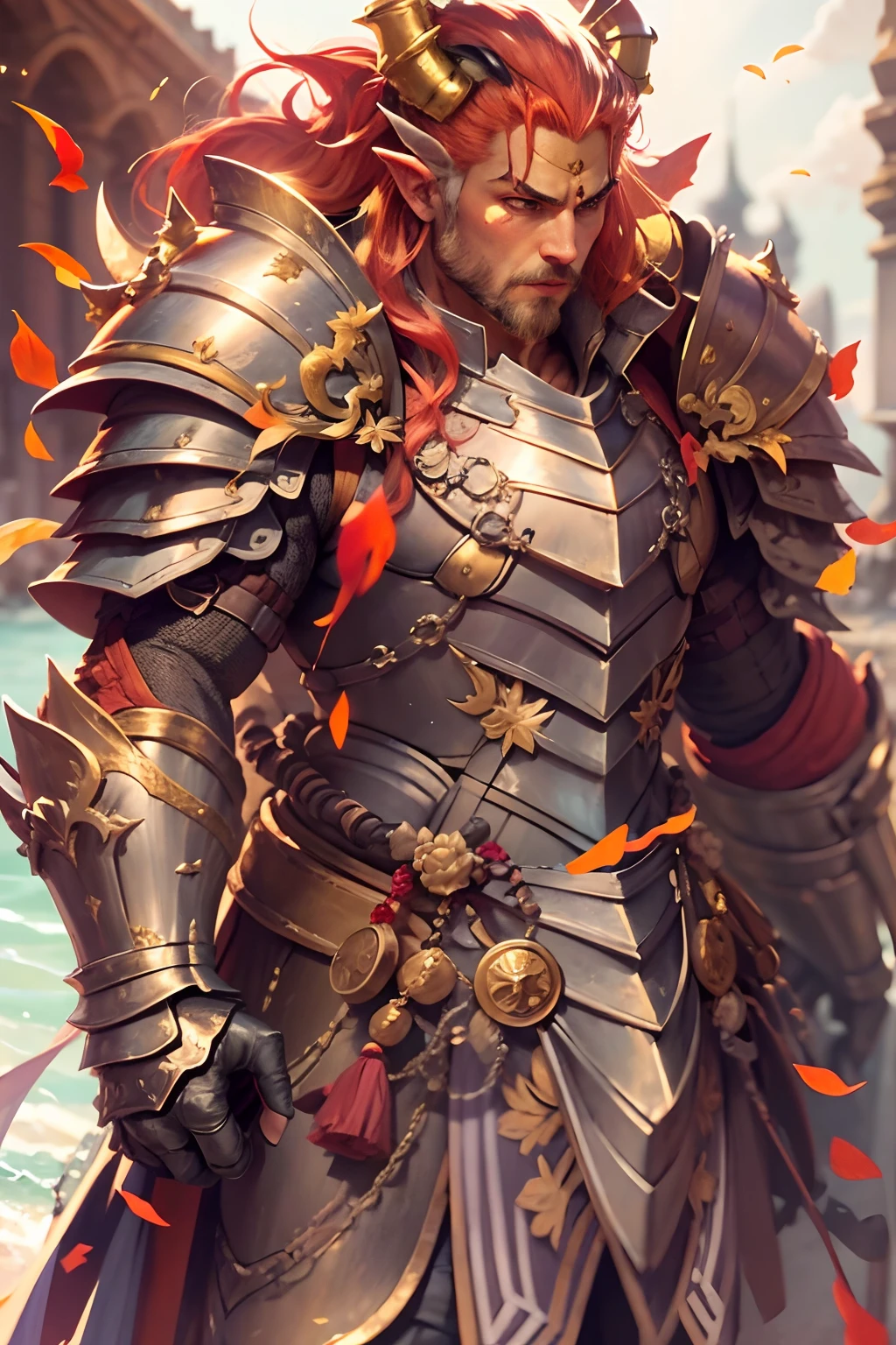 A dragon king dressed in ancient golden armor,Handsome dragon man,red tinted hair,Hold a dragon rod in your hand,dans la mer,Red knee pads armor,Red boots