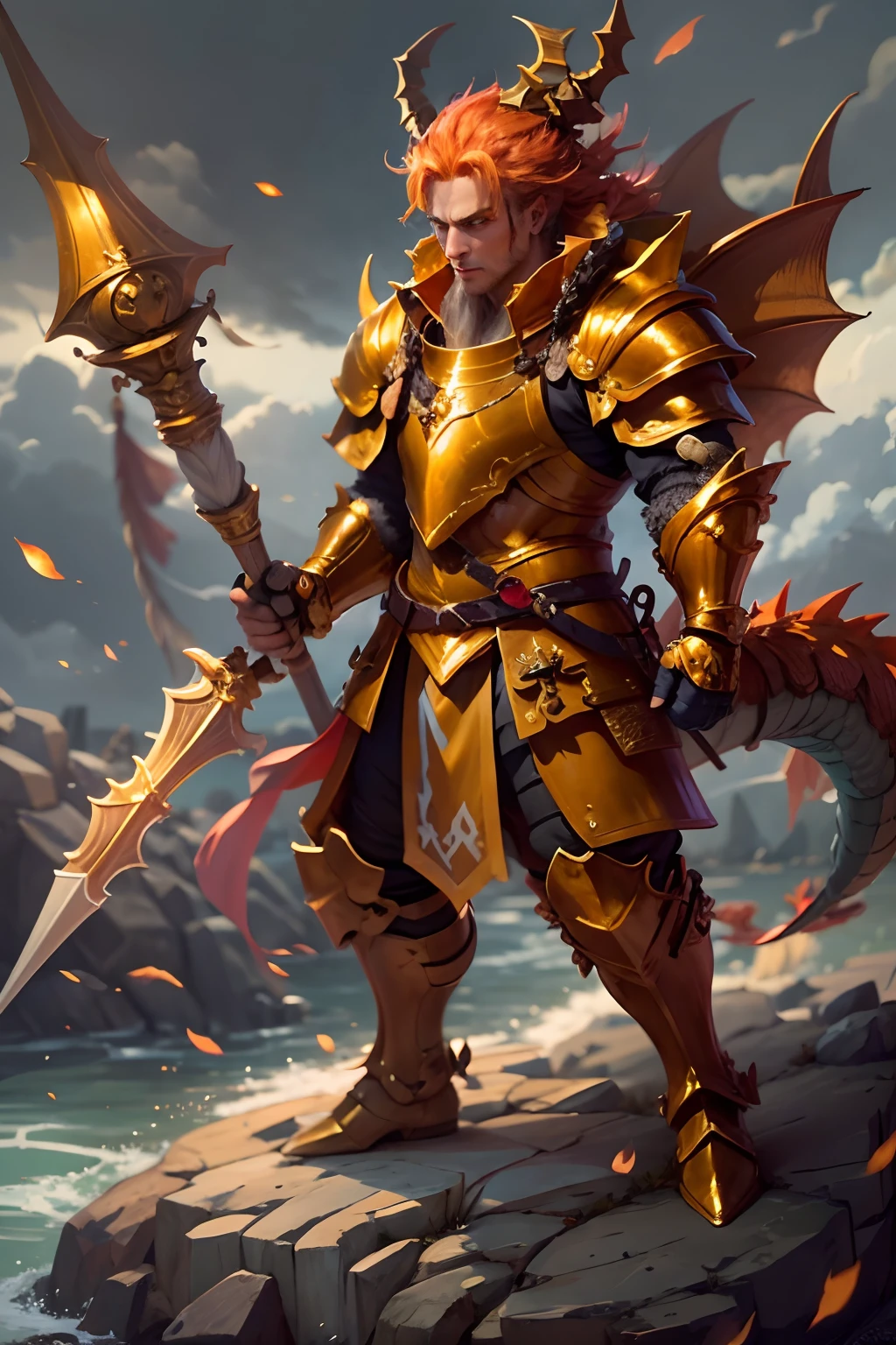 A dragon king dressed in ancient golden armor，Handsome dragon man，red tinted hair，Hold a dragon rod in your hand，dans la mer，Red knee pads armor，Red boots